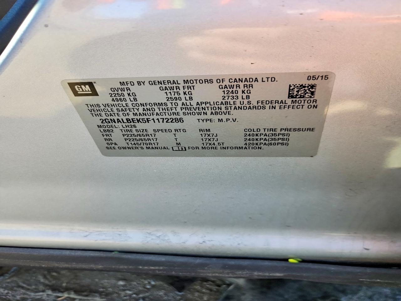2015 Chevrolet Equinox Lt Silver vin: 2GNALBEK5F1172286