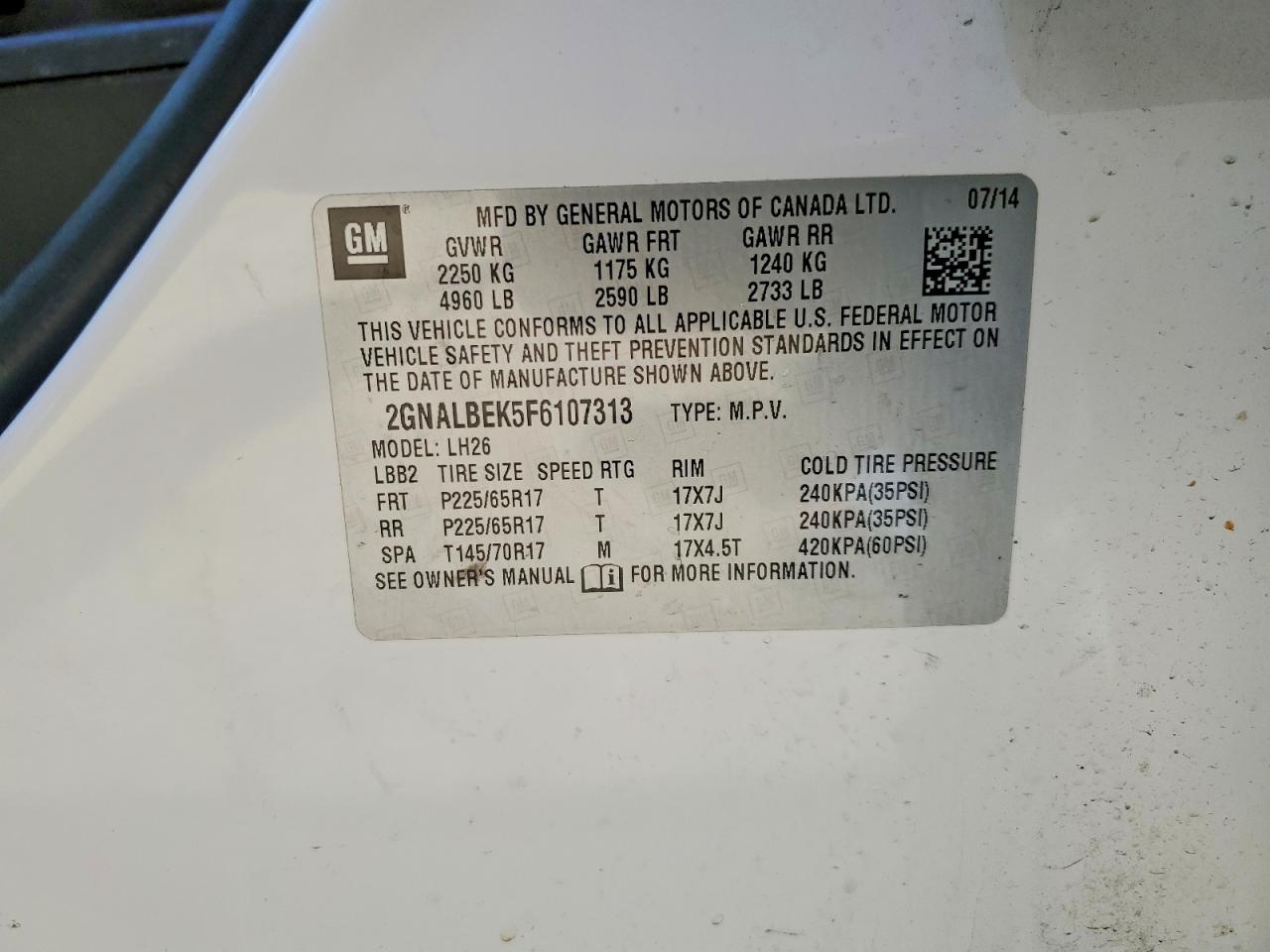 2015 Chevrolet Equinox Lt White vin: 2GNALBEK5F6107313