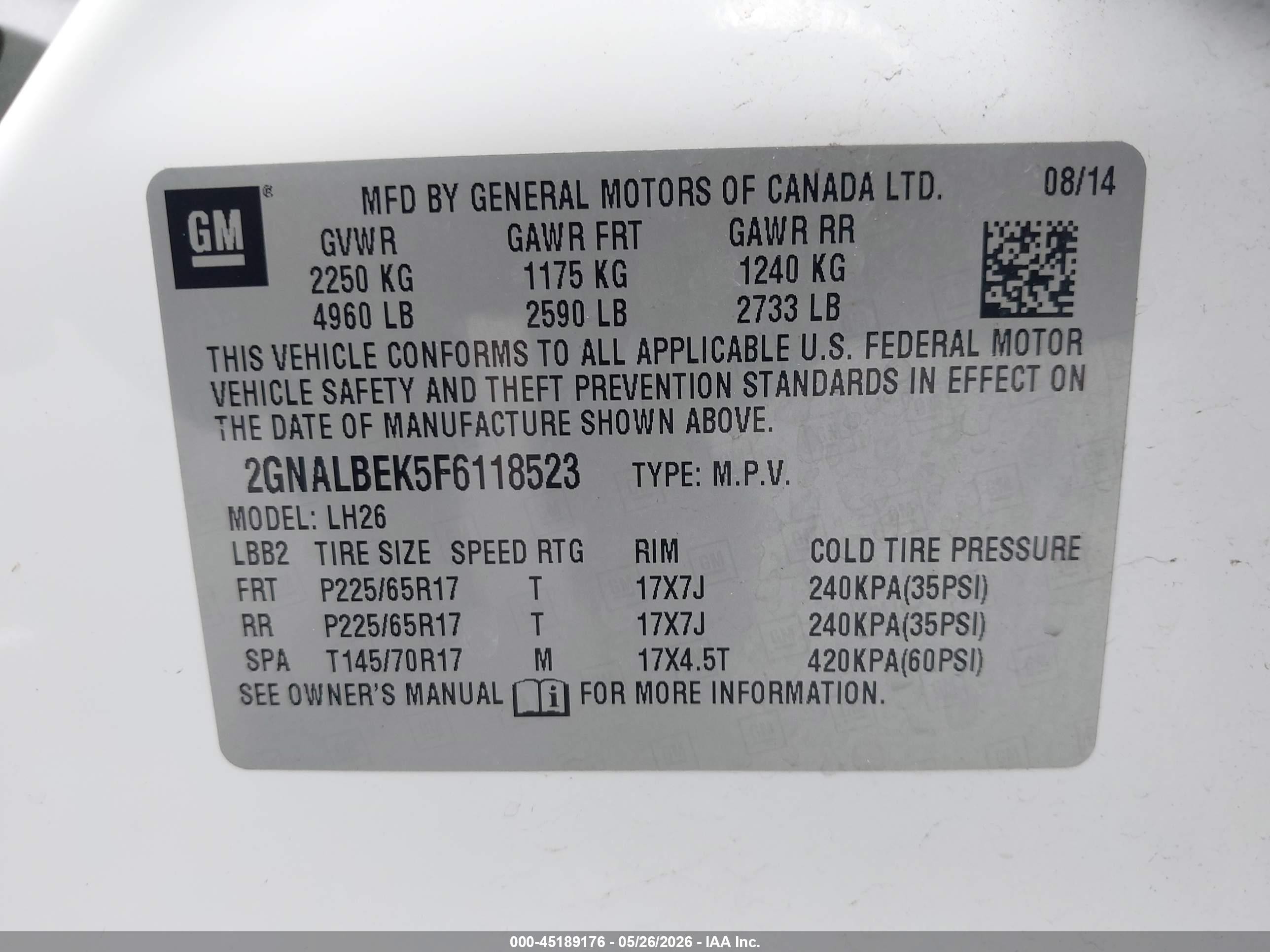 2015 Chevrolet Equinox 1lt White vin: 2GNALBEK5F6118523