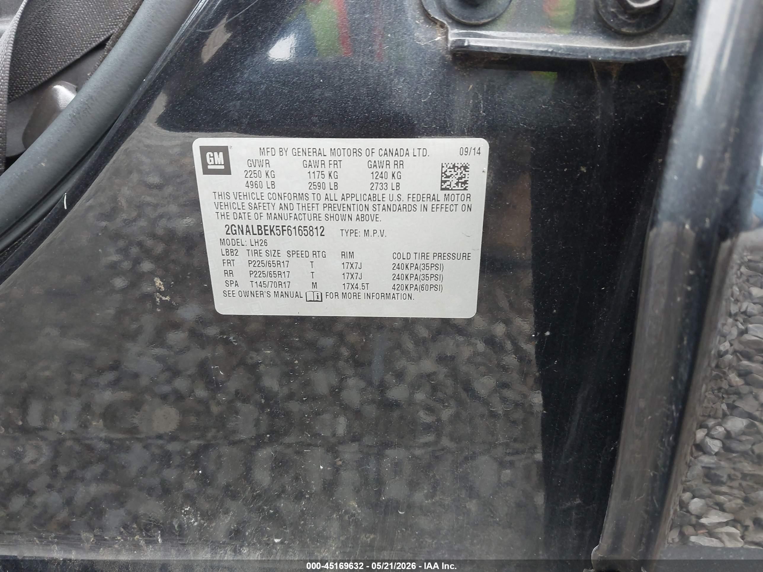 2015 Chevrolet Equinox 1lt Black vin: 2GNALBEK5F6165812
