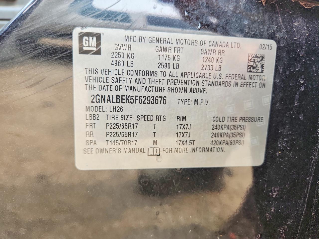 2015 Chevrolet Equinox Lt Black vin: 2GNALBEK5F6293676