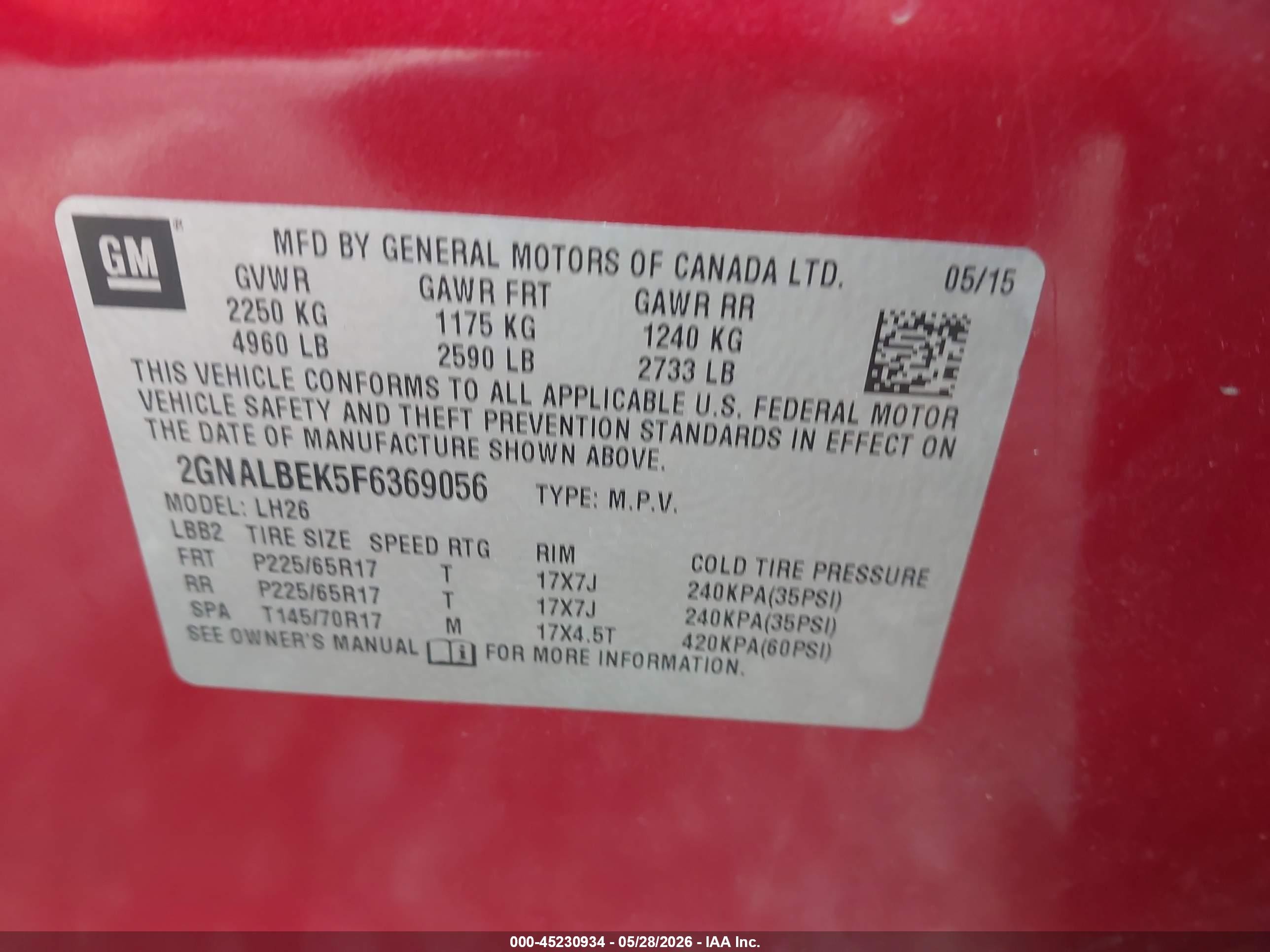 2015 Chevrolet Equinox 1lt Red vin: 2GNALBEK5F6369056
