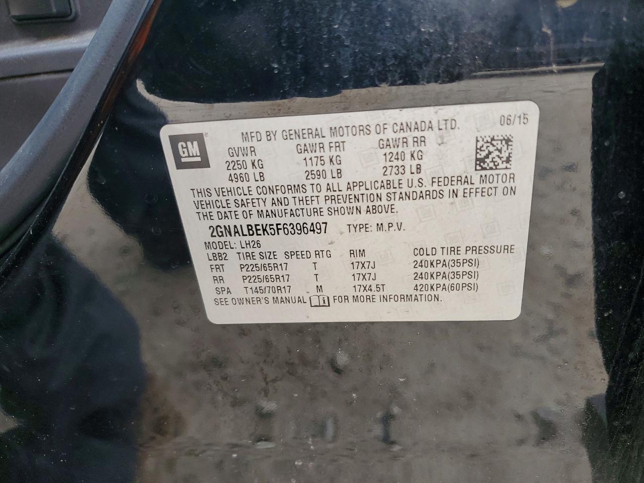 2015 Chevrolet Equinox Lt Black vin: 2GNALBEK5F6396497