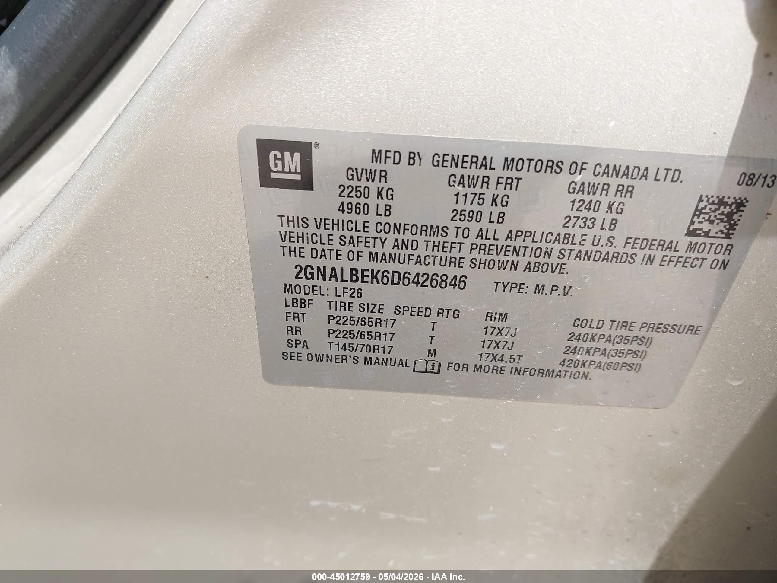 2013 Chevrolet Equinox Ls Gold vin: 2GNALBEK6D6426846