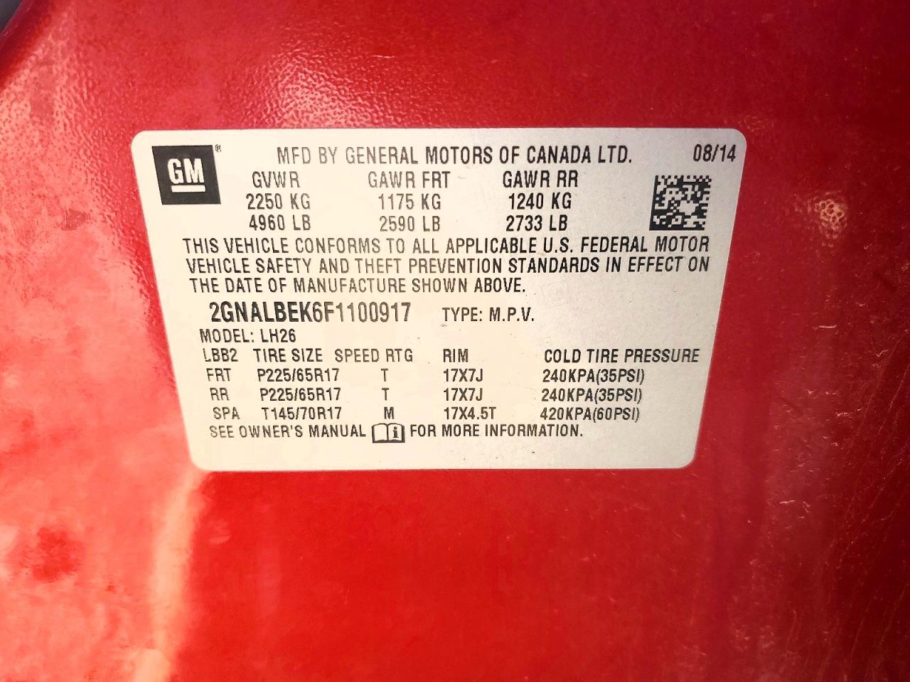 2015 Chevrolet Equinox Lt Red vin: 2GNALBEK6F1100917
