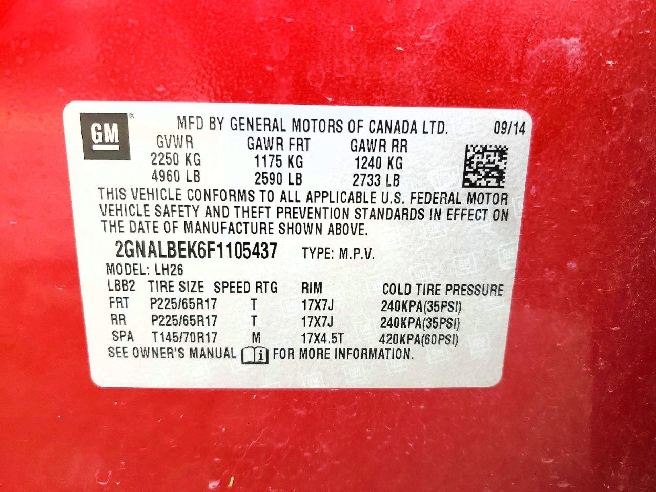 2015 Chevrolet Equinox Lt Red vin: 2GNALBEK6F1105437