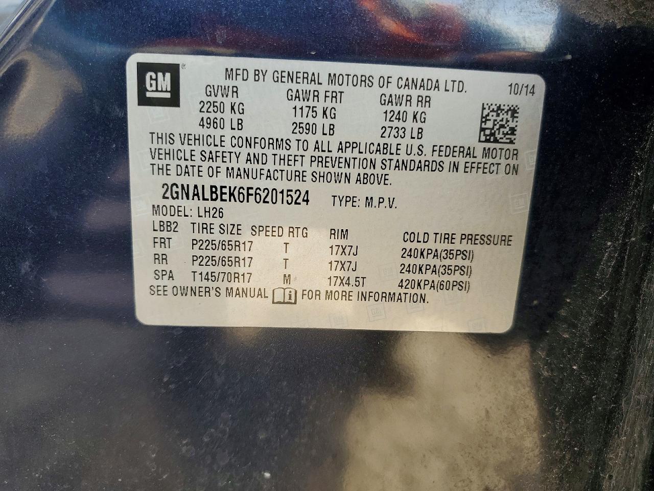 2015 Chevrolet Equinox Lt Blue vin: 2GNALBEK6F6201524
