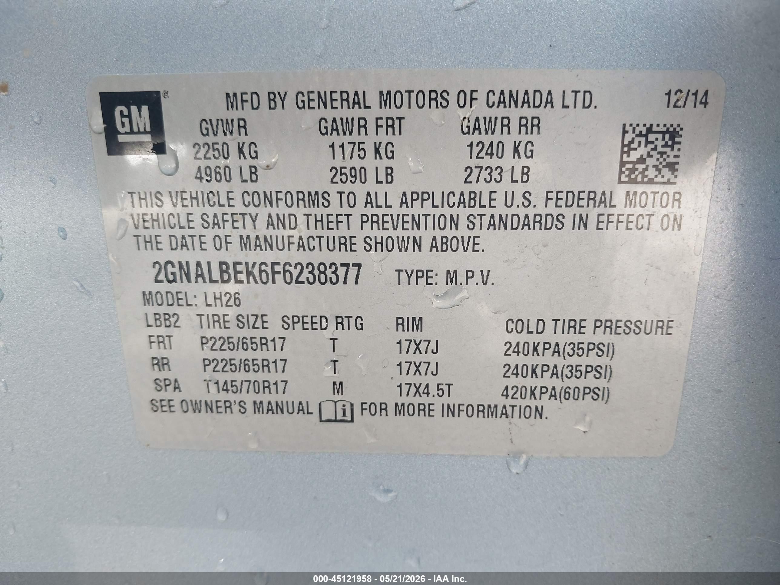 2015 Chevrolet Equinox 1lt Blue vin: 2GNALBEK6F6238377