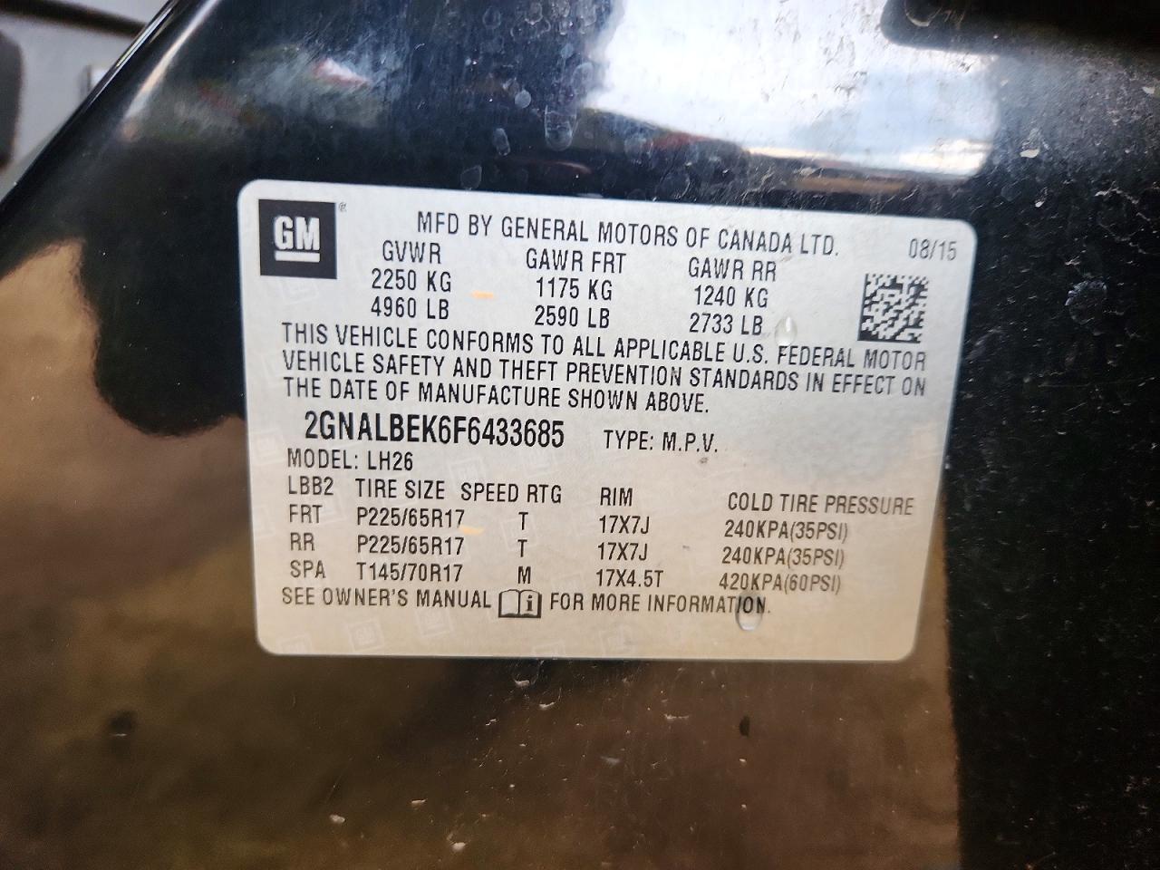 2015 Chevrolet Equinox Lt Черный vin: 2GNALBEK6F6433685