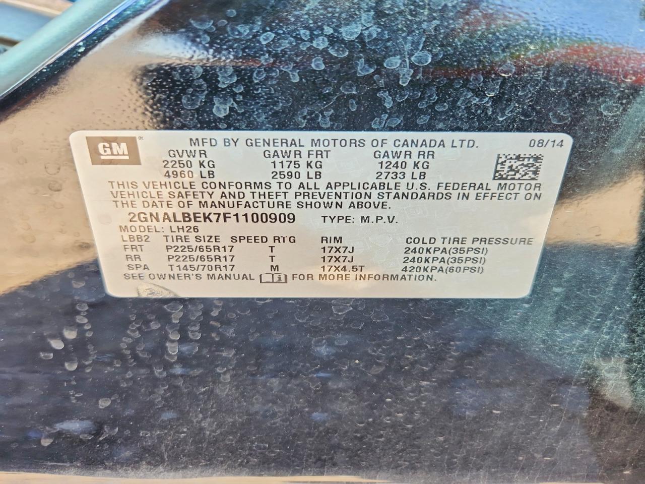 2015 Chevrolet Equinox Lt Black vin: 2GNALBEK7F1100909