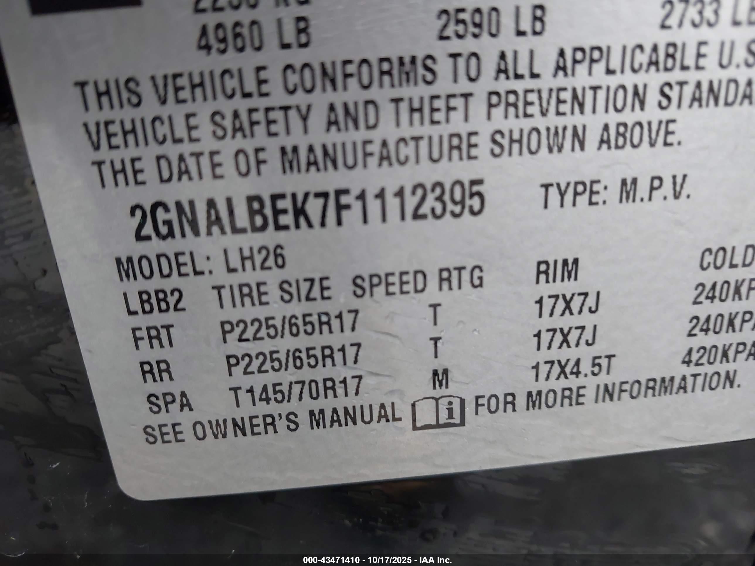 2015 Chevrolet Equinox 1lt Черный vin: 2GNALBEK7F1112395