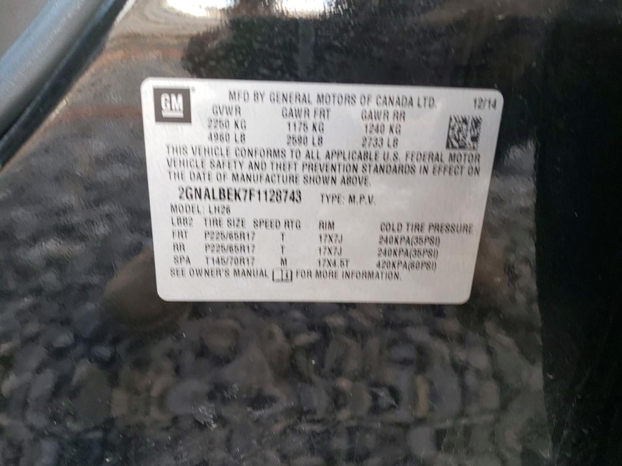 2015 Chevrolet Equinox Lt Black vin: 2GNALBEK7F1128743