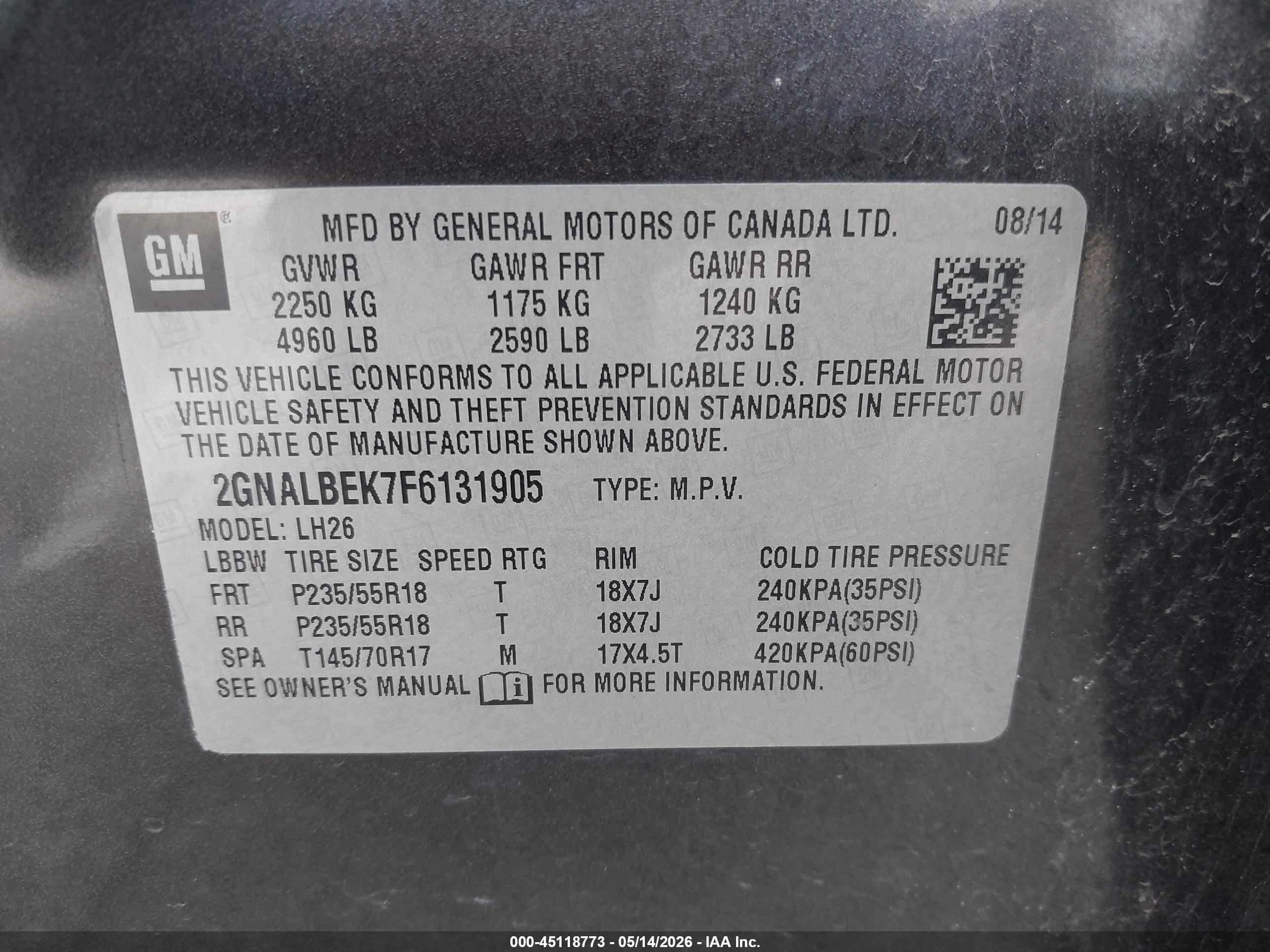 2015 Chevrolet Equinox 1lt Серый vin: 2GNALBEK7F6131905
