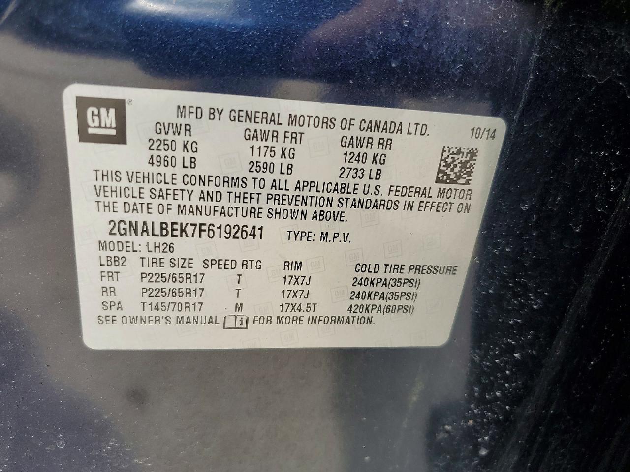 2015 Chevrolet Equinox Lt Blue vin: 2GNALBEK7F6192641