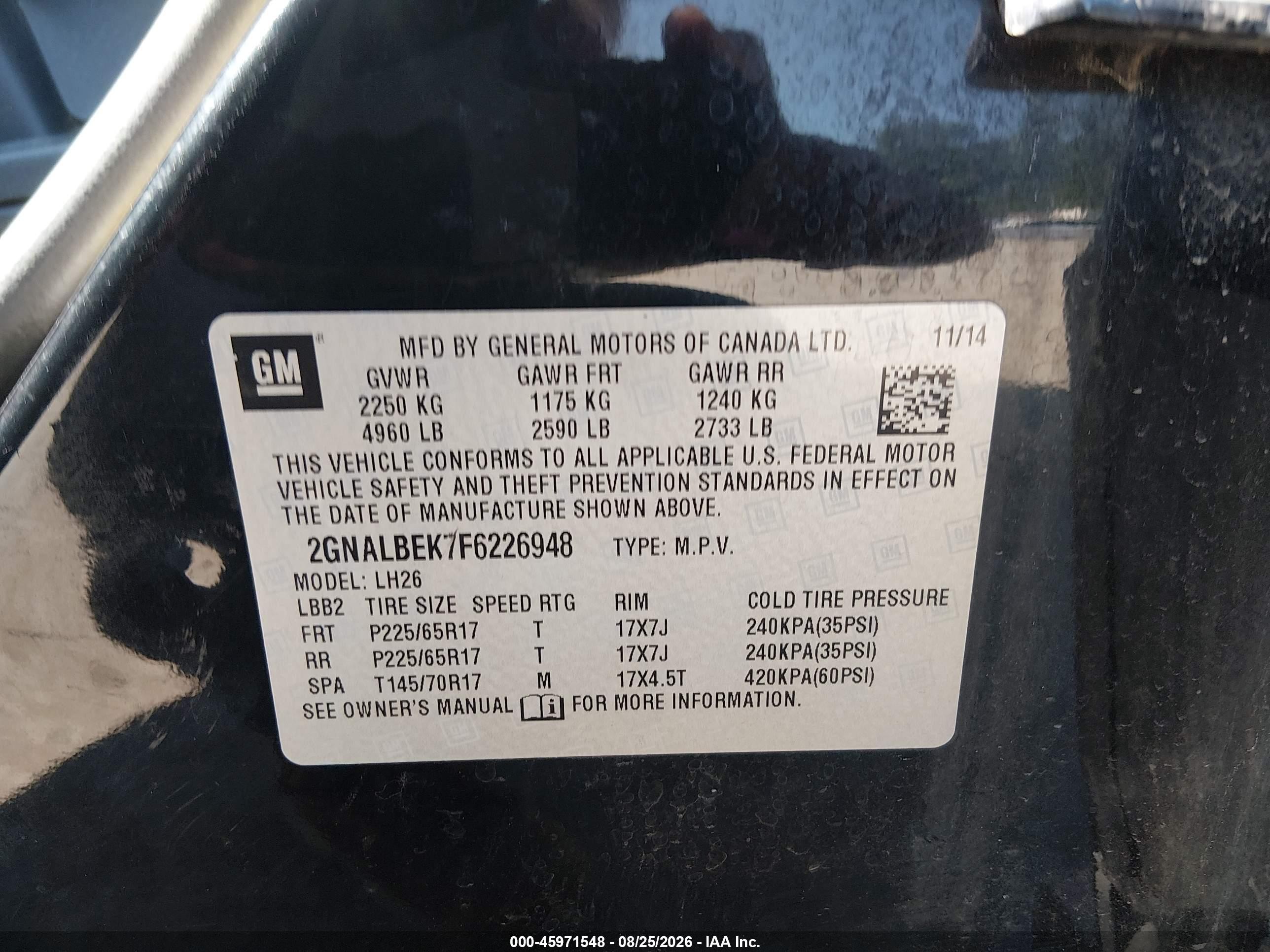 2015 Chevrolet Equinox Lt Black vin: 2GNALBEK7F6226948