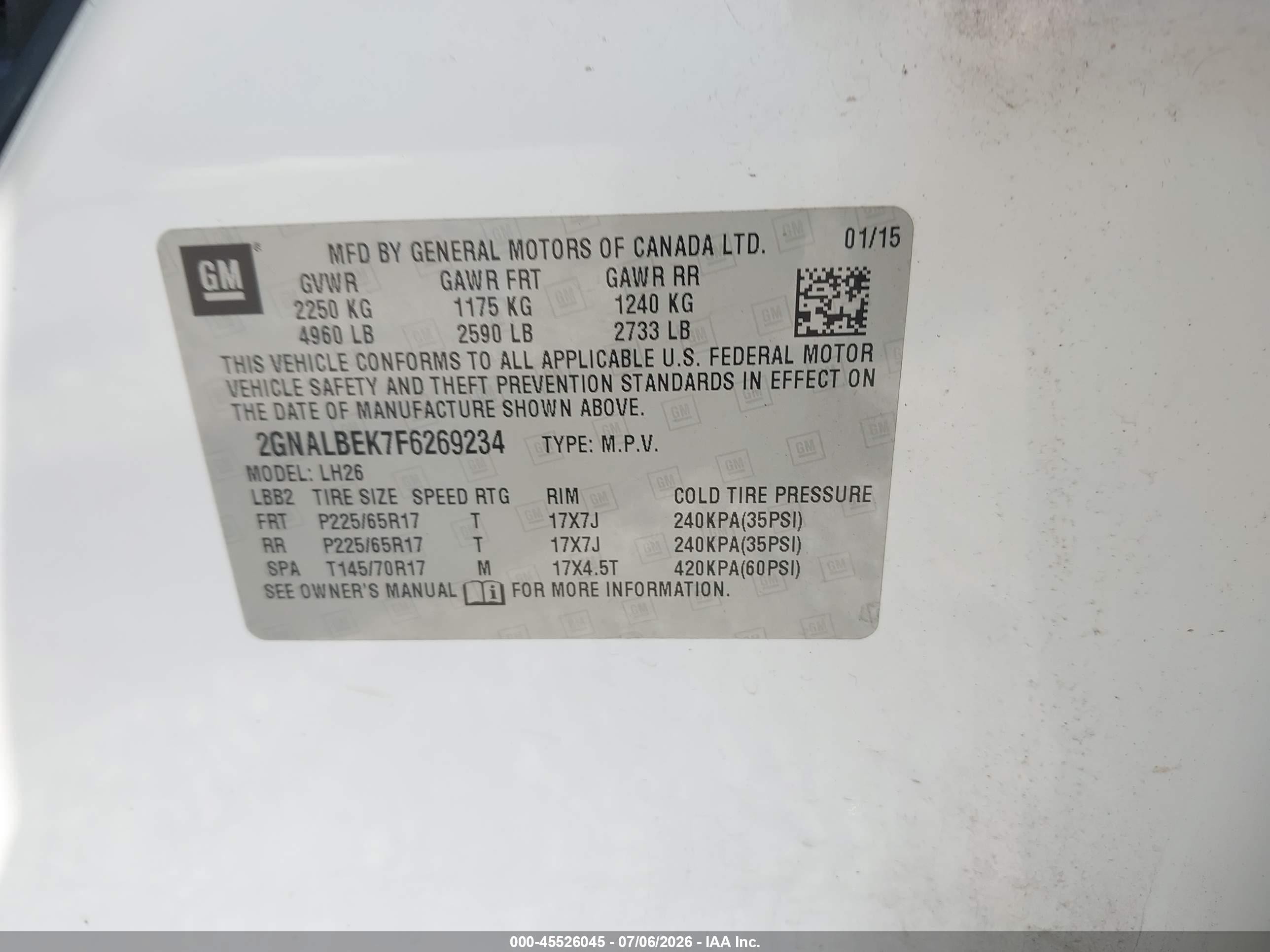 2015 Chevrolet Equinox Lt White vin: 2GNALBEK7F6269234