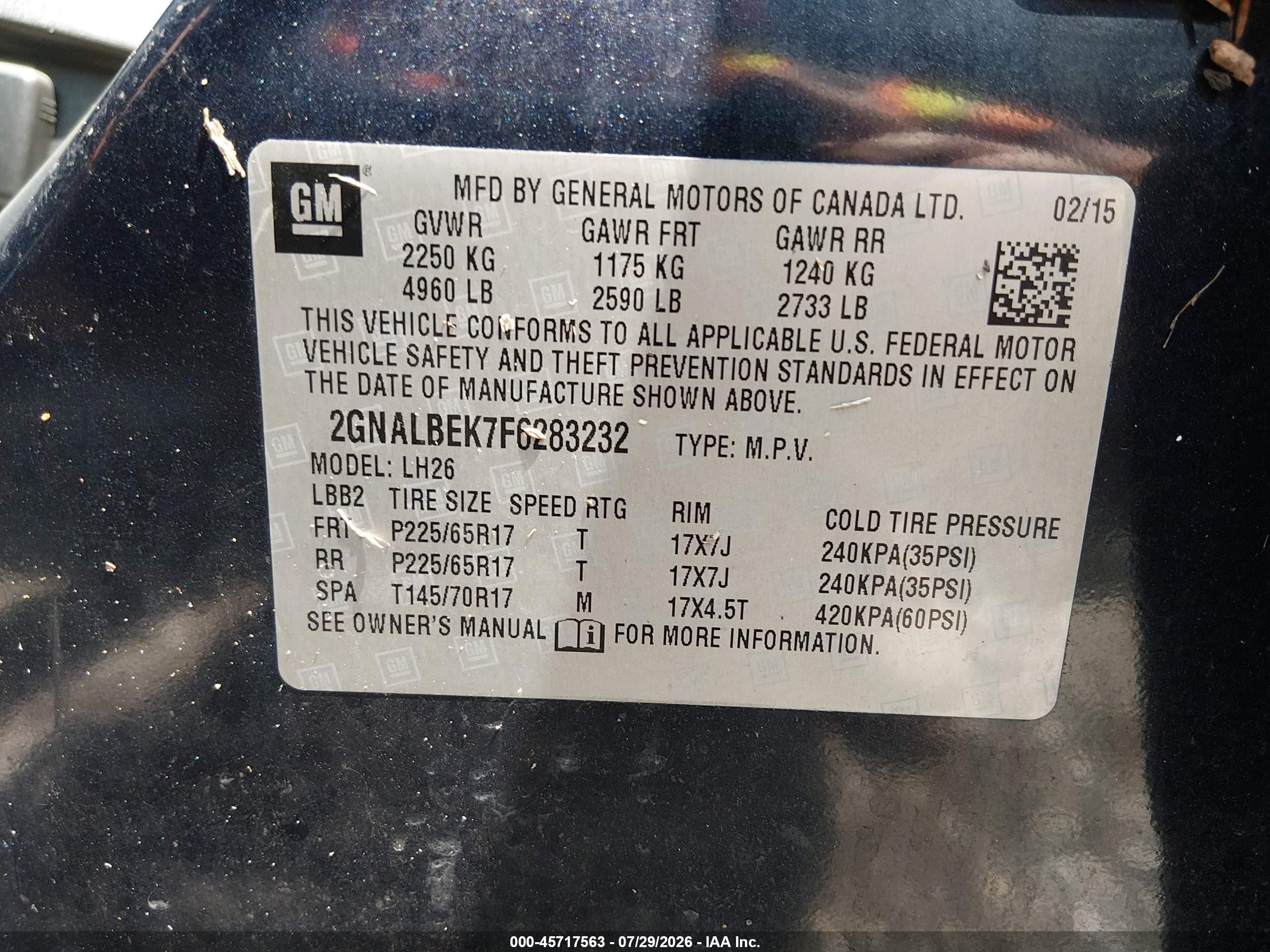 2015 Chevrolet Equinox Lt Dark Blue vin: 2GNALBEK7F6283232
