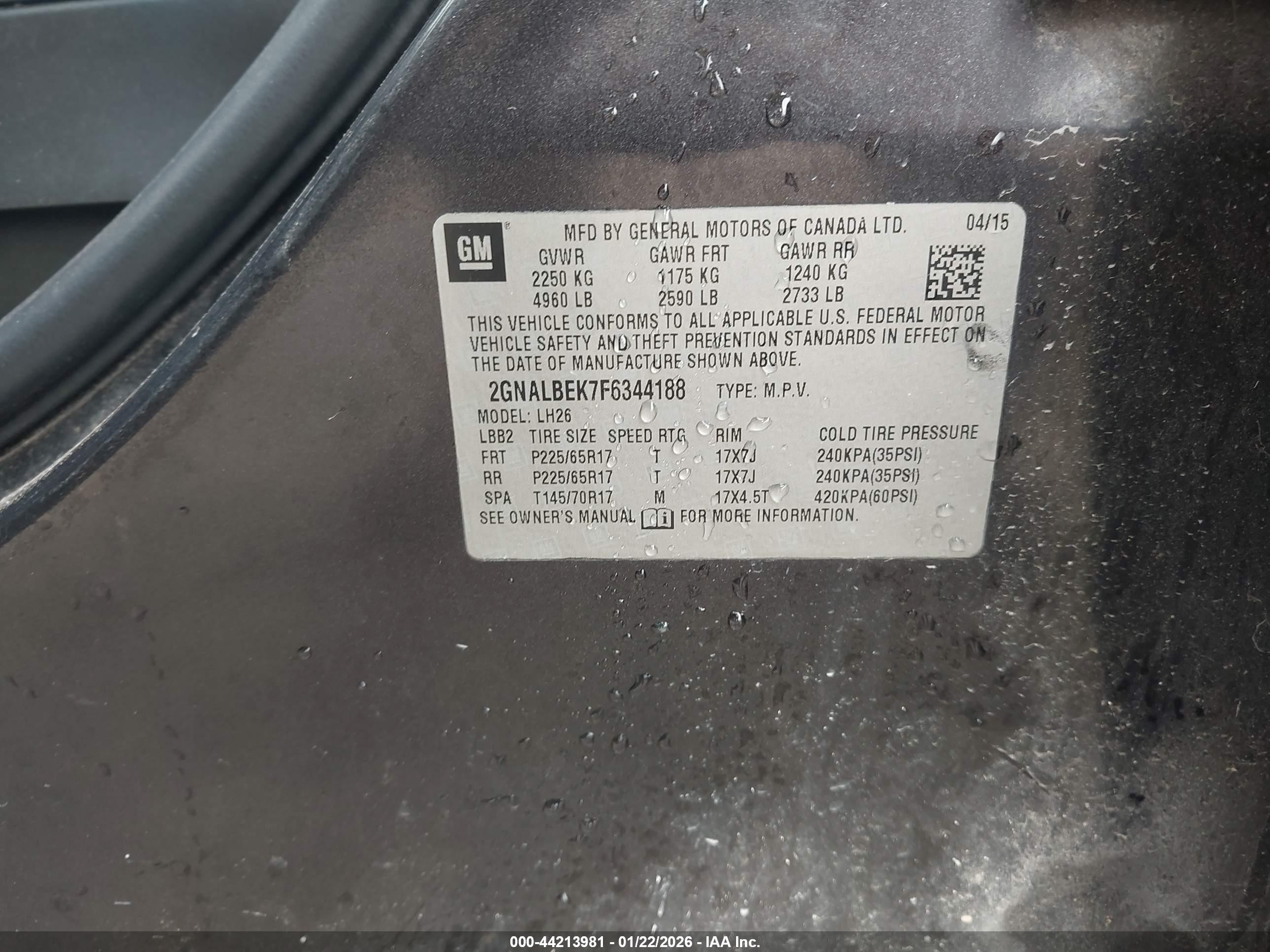 2015 Chevrolet Equinox 1lt Черный vin: 2GNALBEK7F6344188