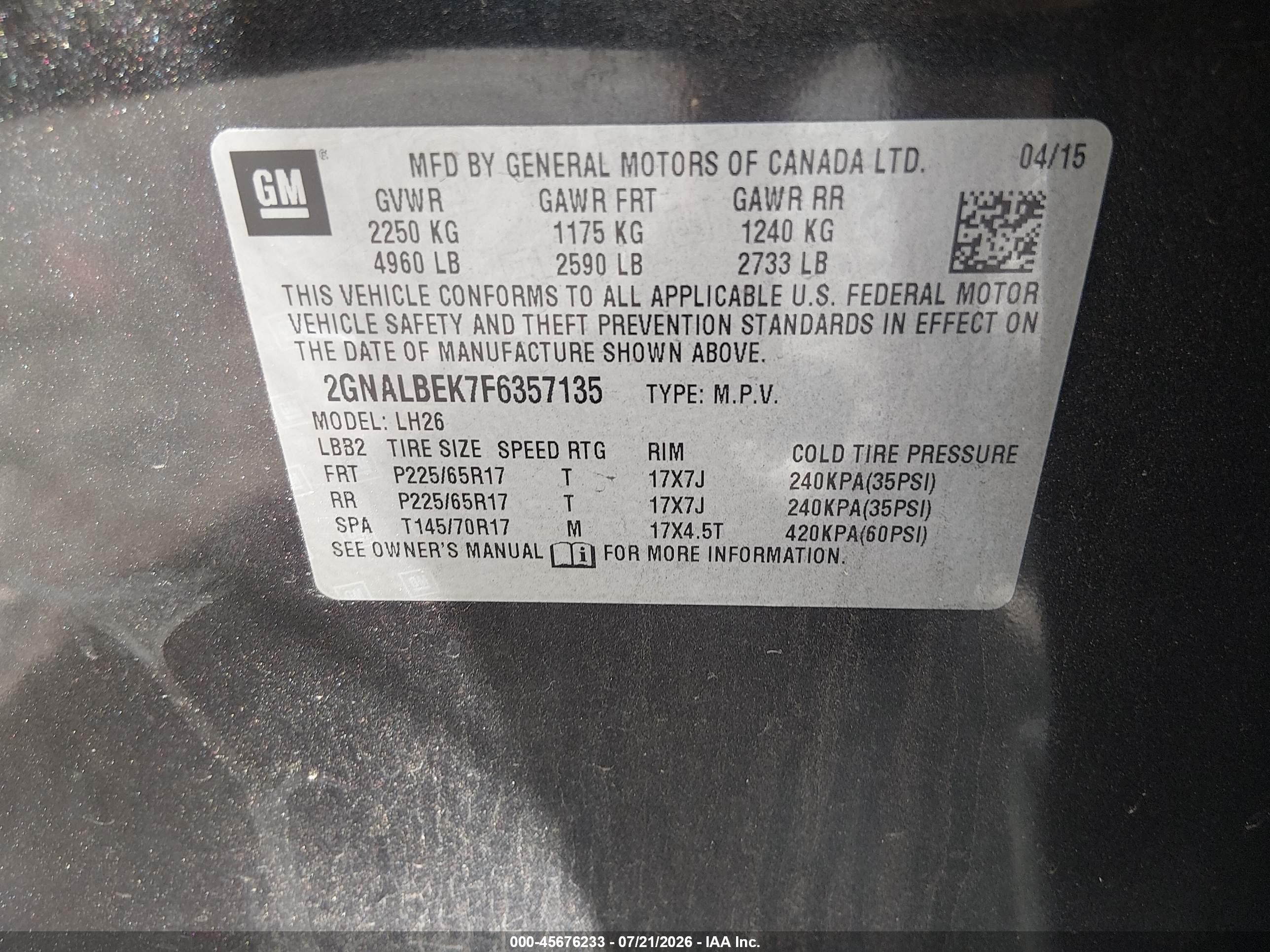 2015 Chevrolet Equinox Lt Gray vin: 2GNALBEK7F6357135