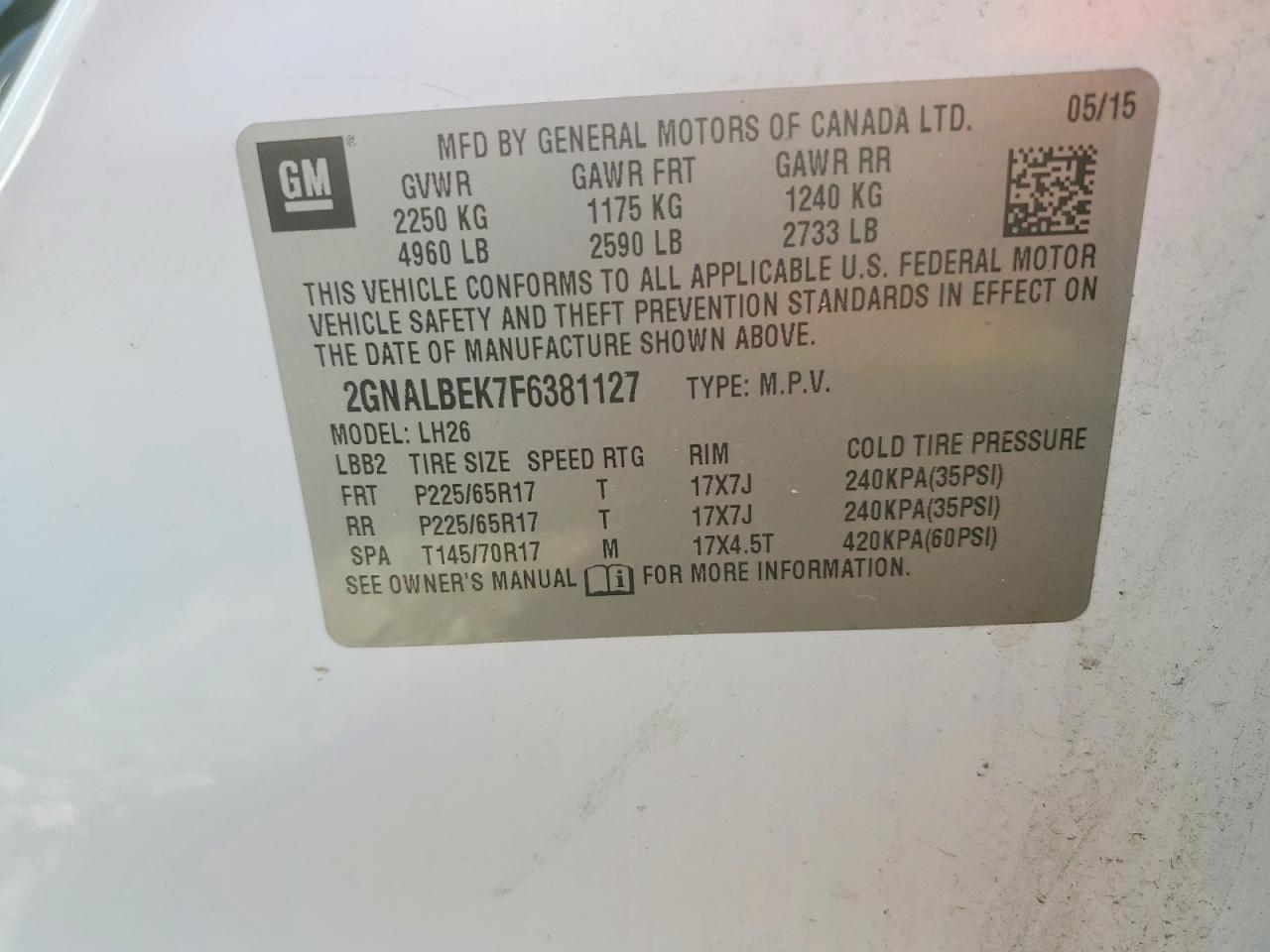 2015 Chevrolet Equinox Lt White vin: 2GNALBEK7F6381127