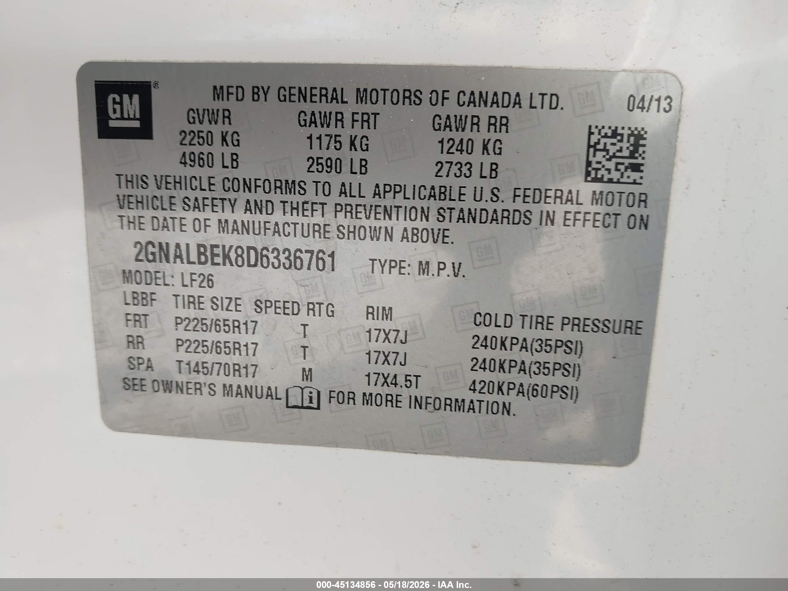 2013 Chevrolet Equinox Ls White vin: 2GNALBEK8D6336761