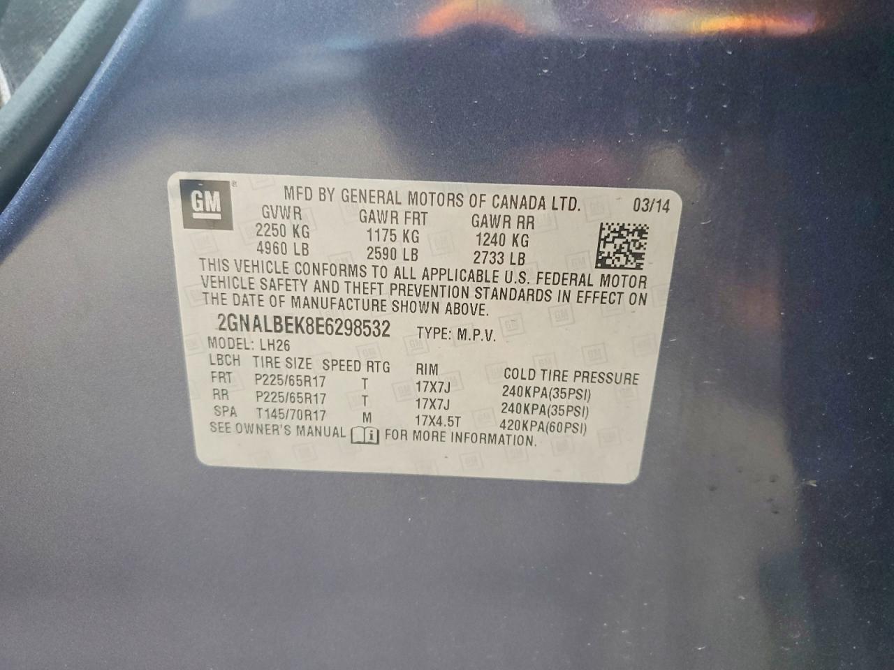 2014 Chevrolet Equinox Lt Blue vin: 2GNALBEK8E6298532
