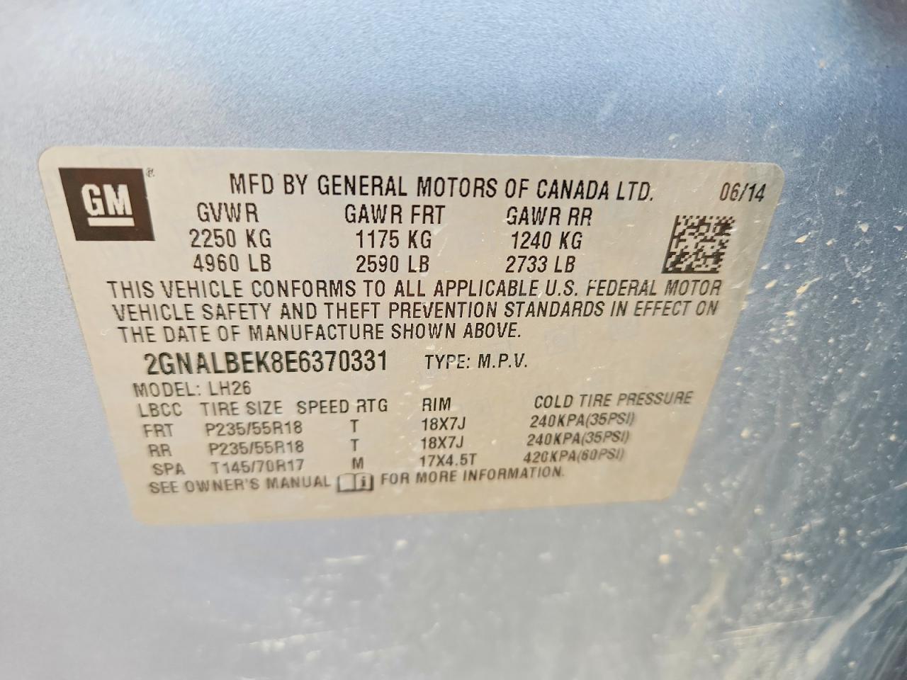 2014 Chevrolet Equinox Lt Blue vin: 2GNALBEK8E6370331