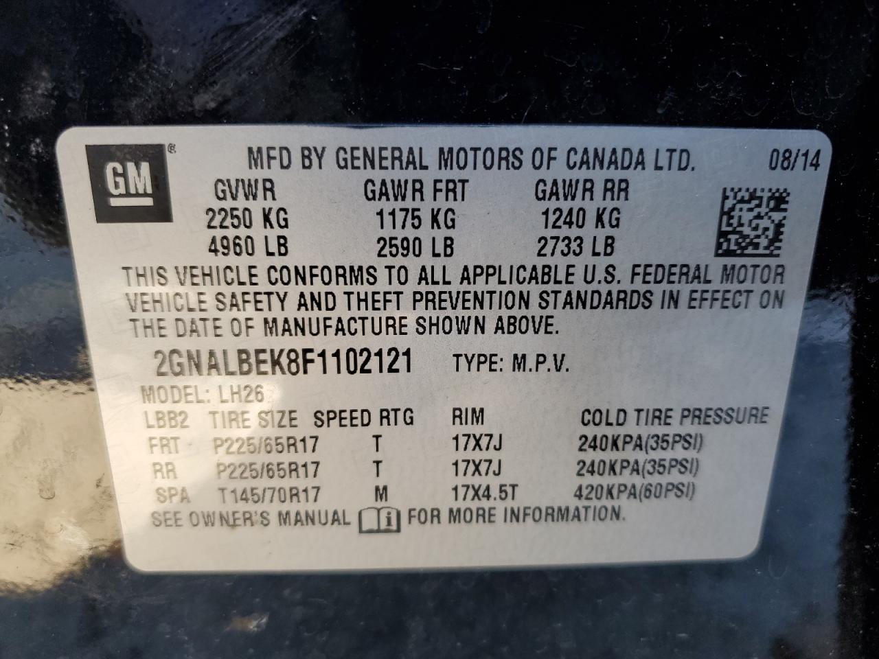 2015 Chevrolet Equinox Lt Black vin: 2GNALBEK8F1102121