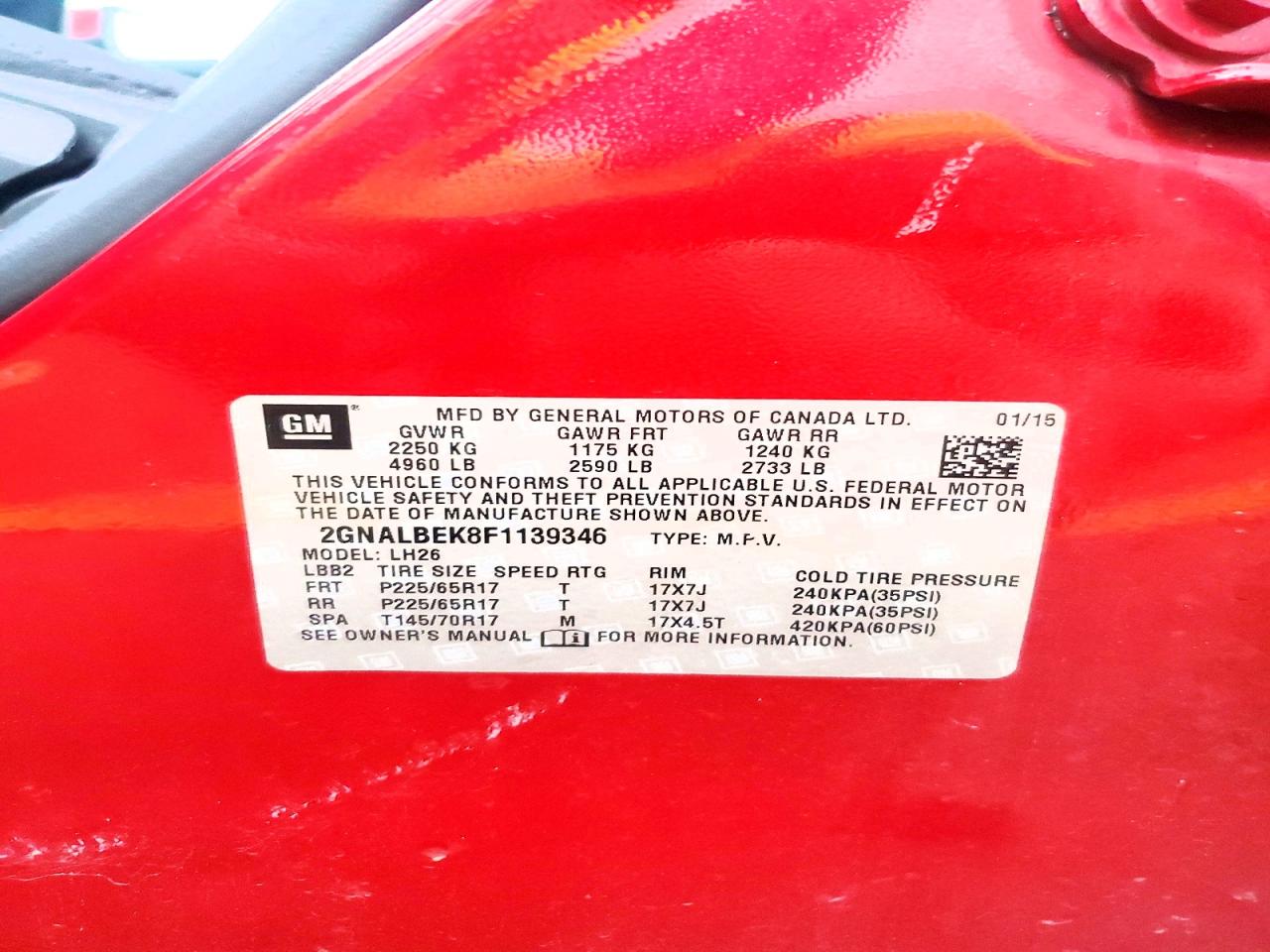 2015 Chevrolet Equinox Lt Red vin: 2GNALBEK8F1139346