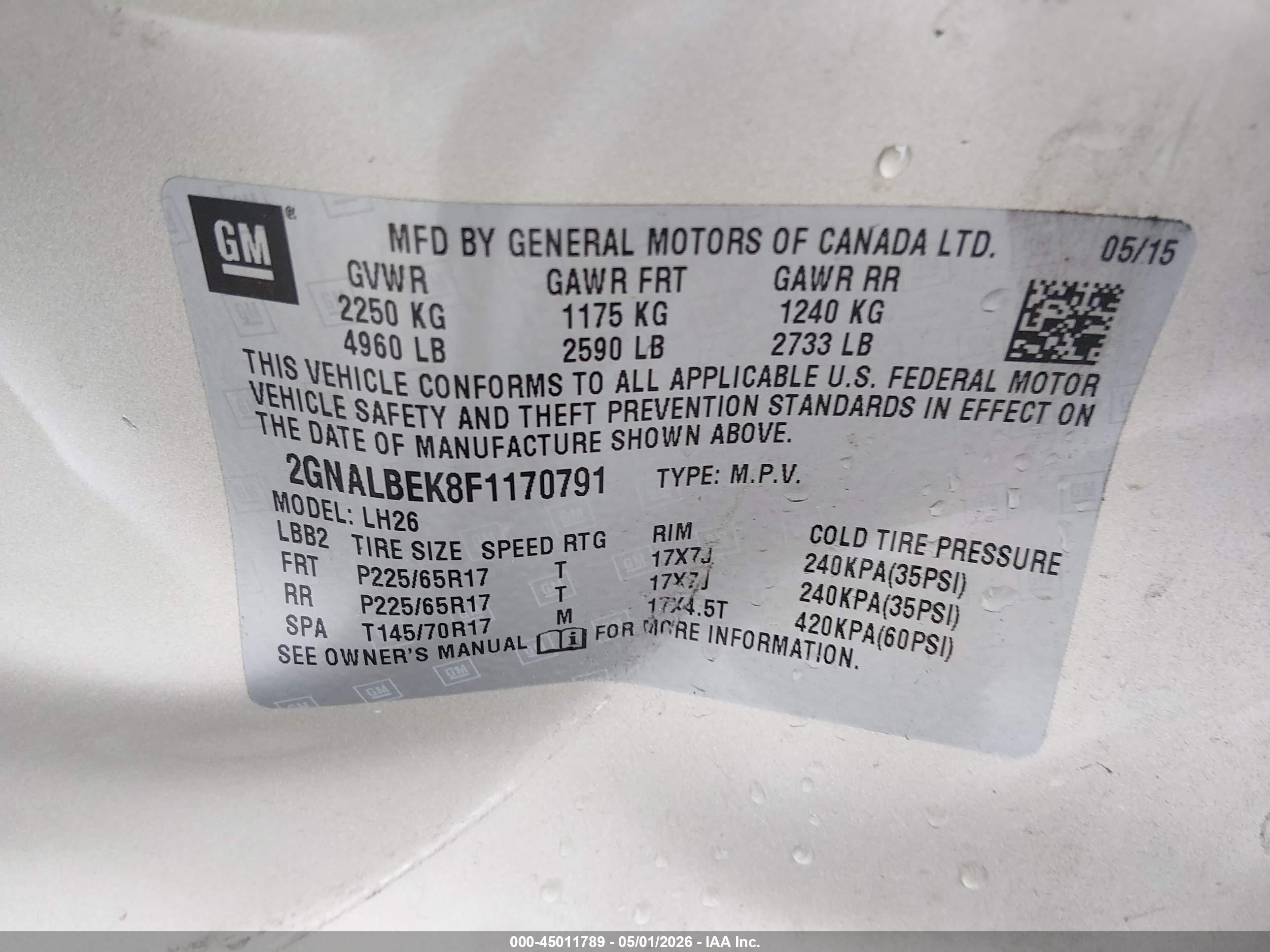2015 Chevrolet Equinox 1lt Gold vin: 2GNALBEK8F1170791