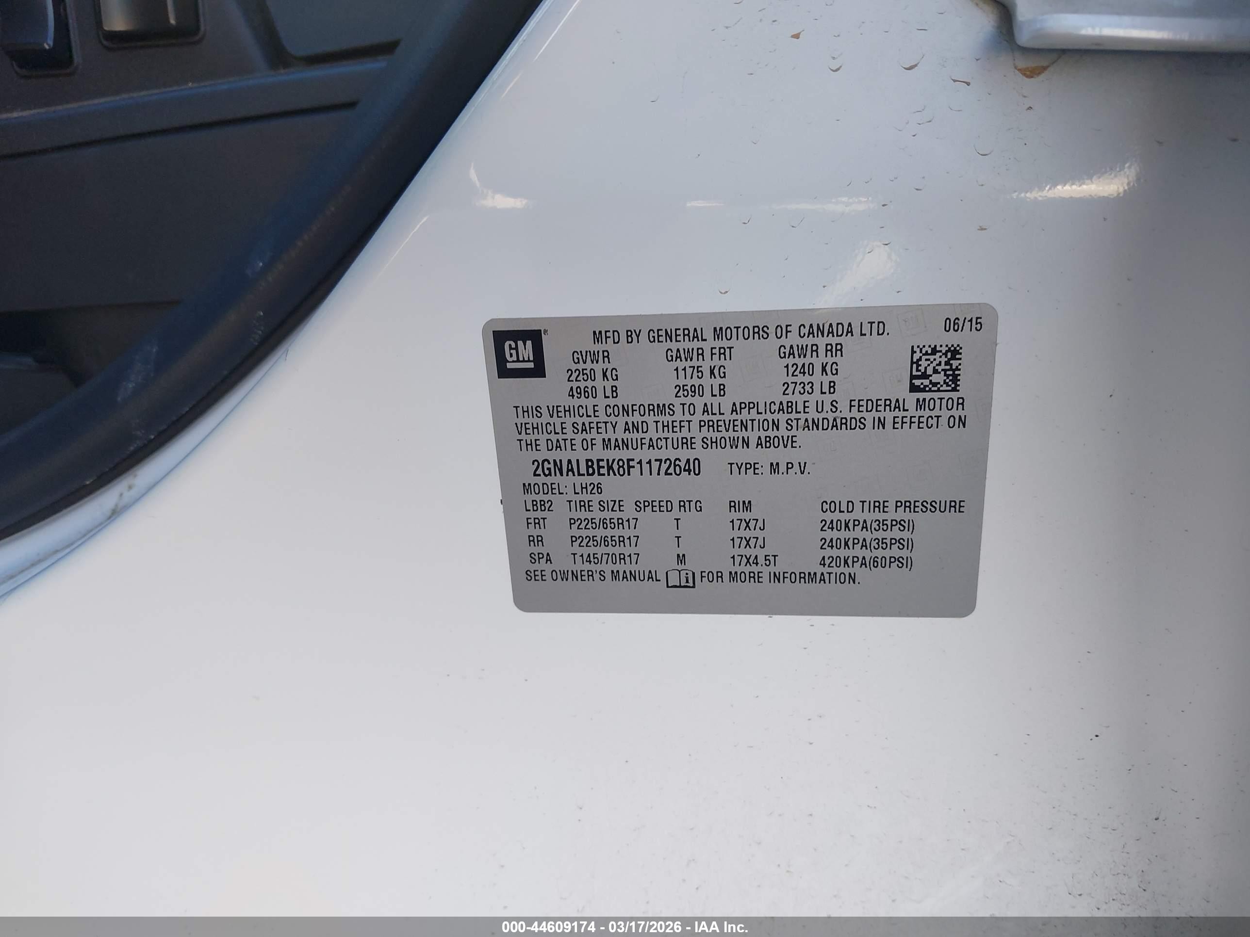 2015 Chevrolet Equinox 1lt Белый vin: 2GNALBEK8F1172640