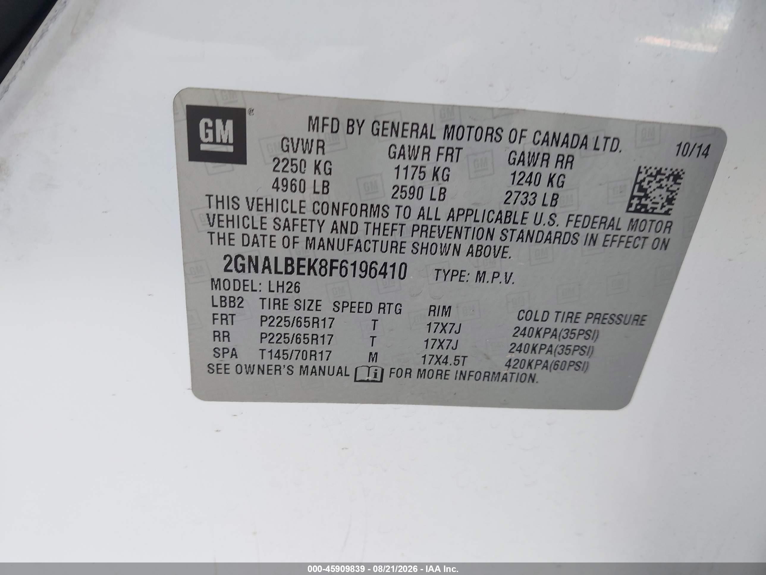 2015 Chevrolet Equinox Lt Белый vin: 2GNALBEK8F6196410