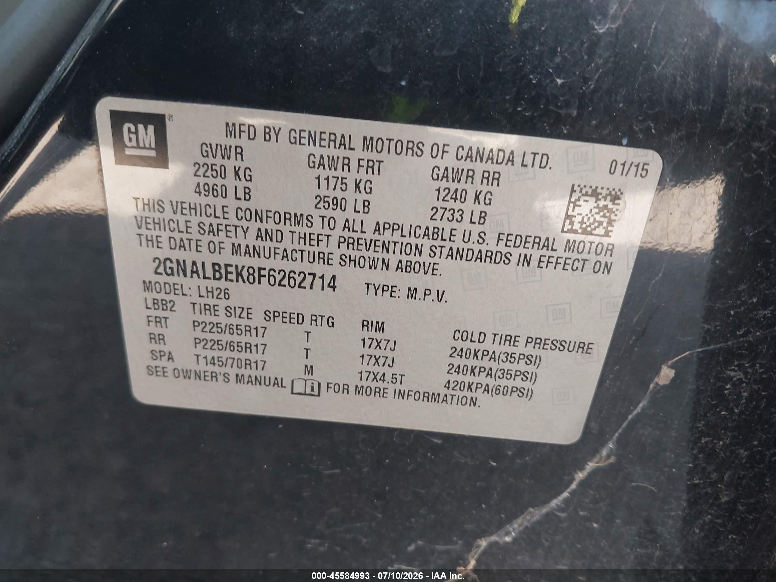 2015 Chevrolet Equinox Lt Black vin: 2GNALBEK8F6262714