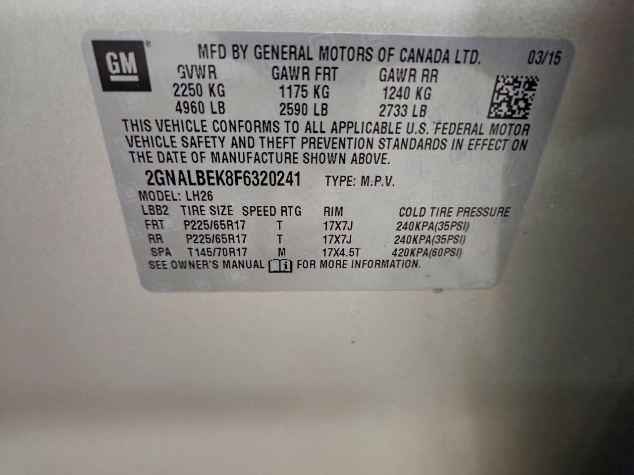 2015 Chevrolet Equinox Lt Unknown - Not Ok For Inv. vin: 2GNALBEK8F6320241