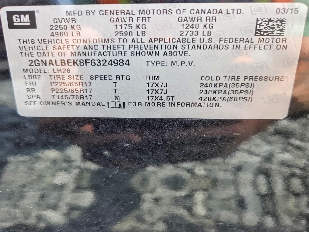 2015 Chevrolet Equinox Lt Black vin: 2GNALBEK8F6324984