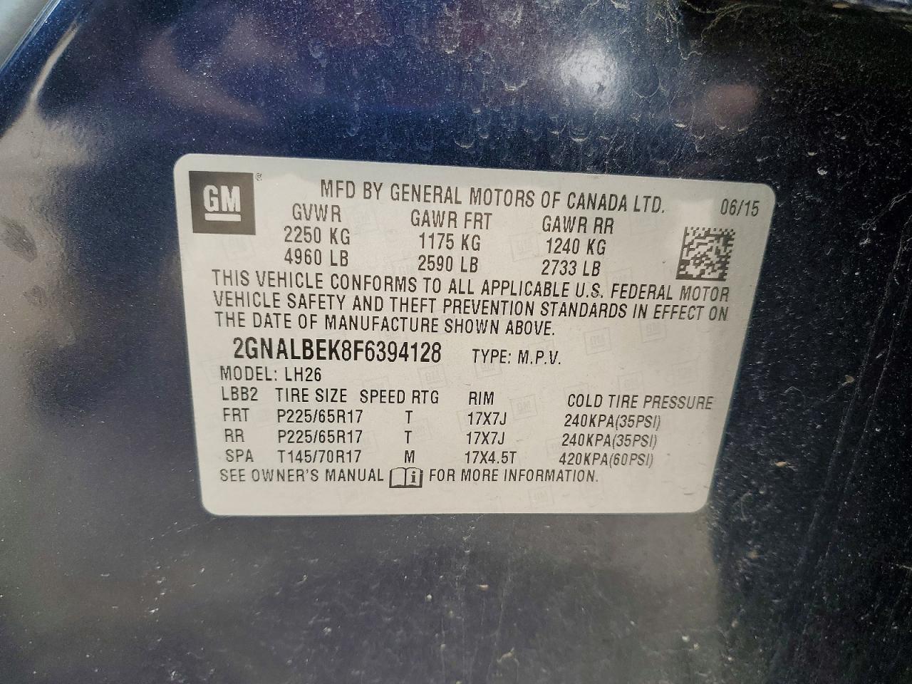 2015 Chevrolet Equinox Lt Blue vin: 2GNALBEK8F6394128