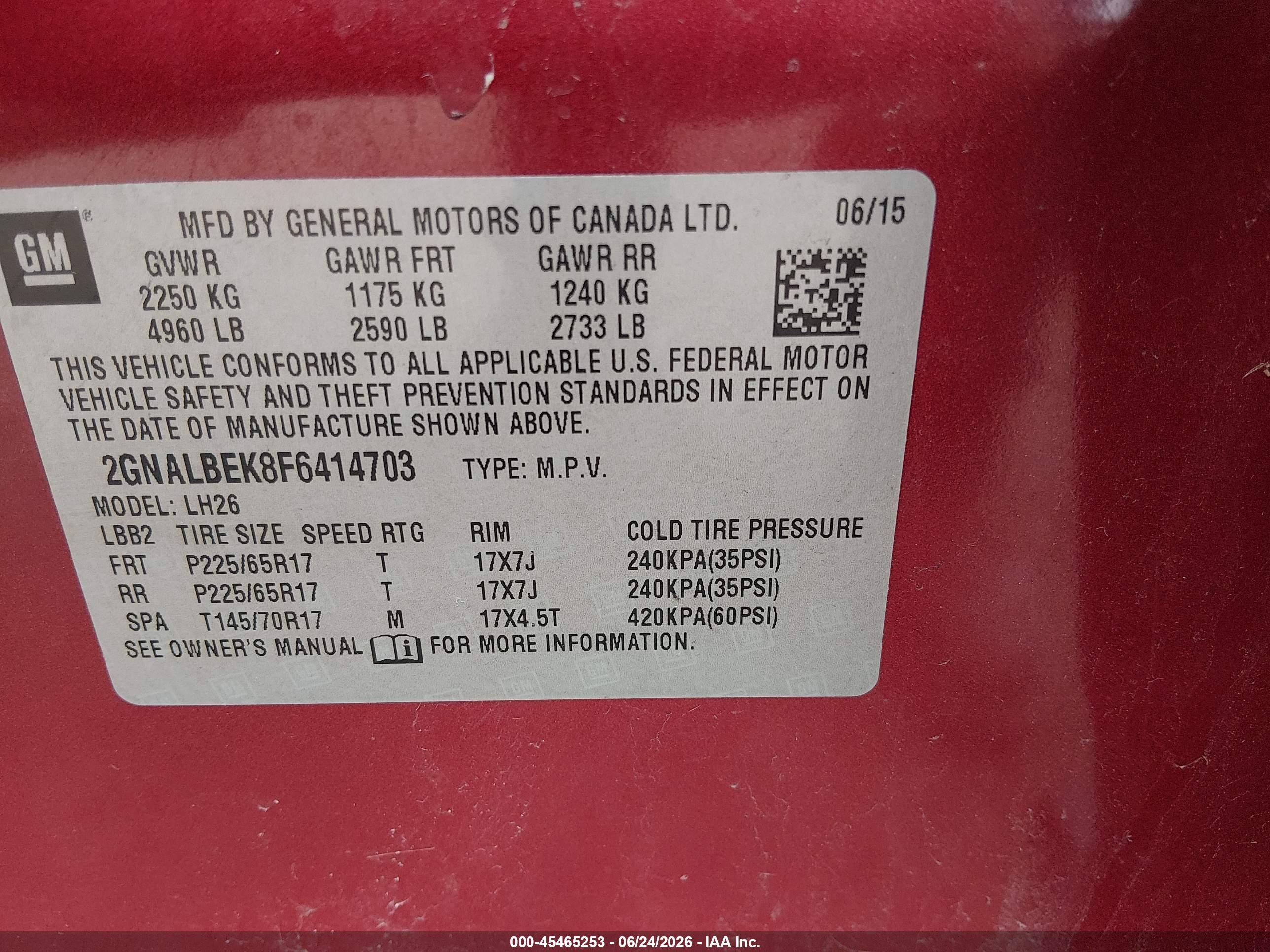 2015 Chevrolet Equinox Lt Red vin: 2GNALBEK8F6414703