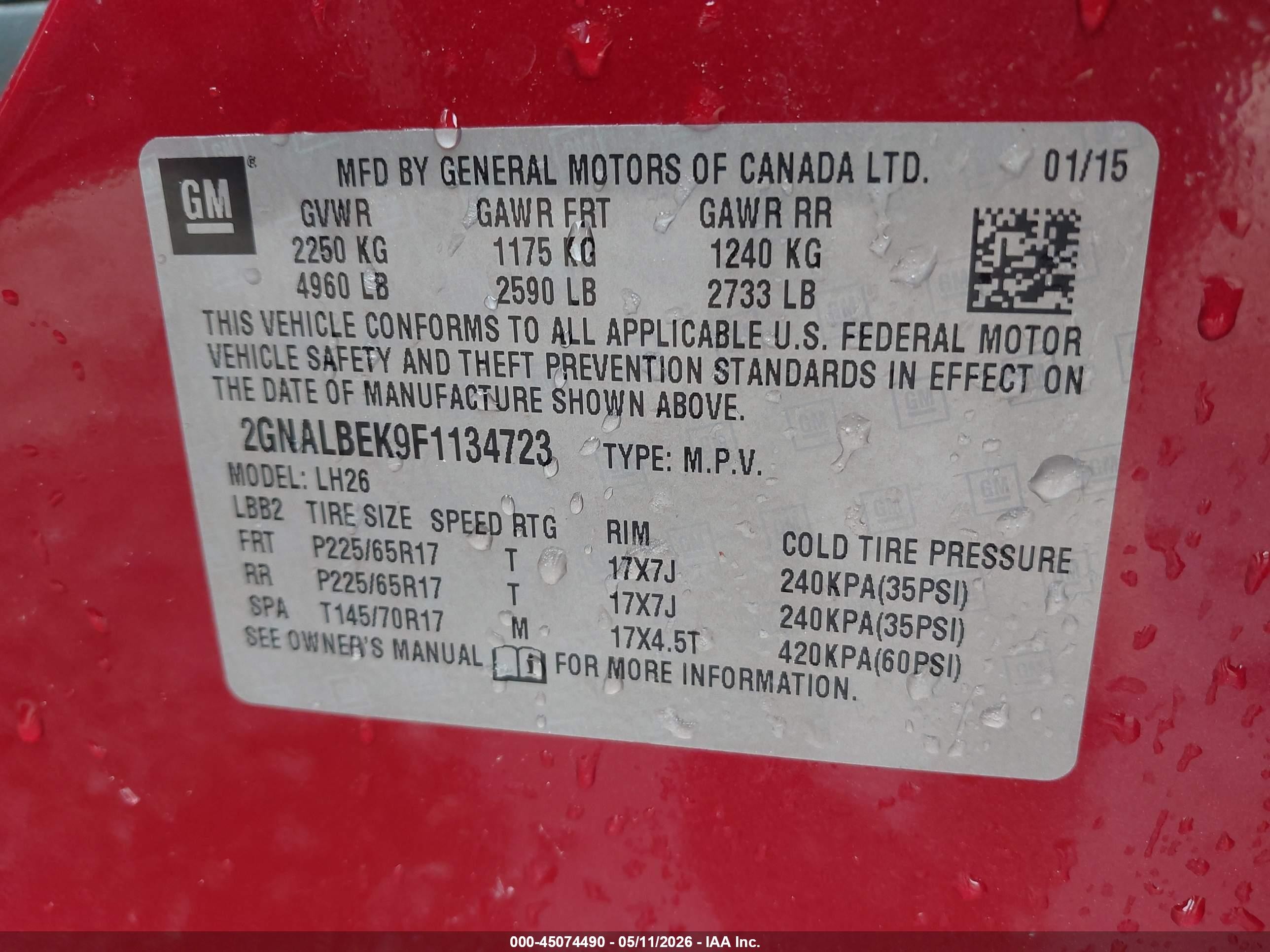 2015 Chevrolet Equinox 1lt Темно-бордовый vin: 2GNALBEK9F1134723