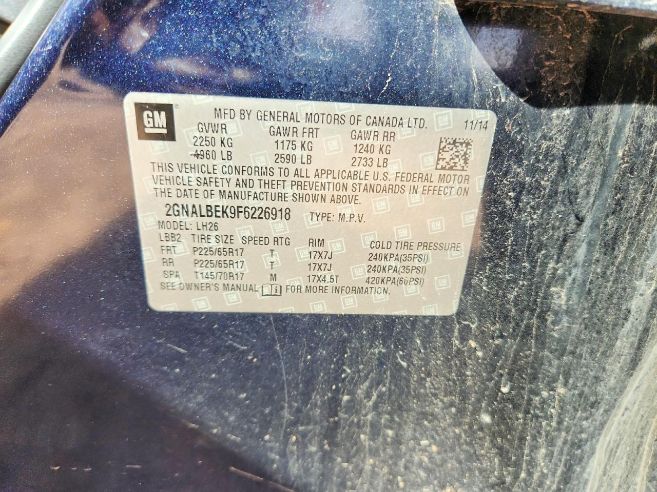 2015 Chevrolet Equinox Lt Blue vin: 2GNALBEK9F6226918