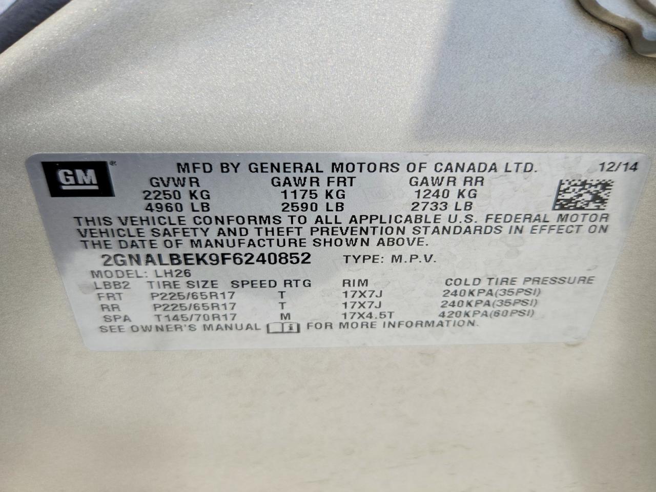 2015 Chevrolet Equinox Lt Gold vin: 2GNALBEK9F6240852