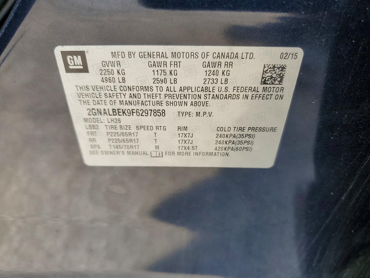 2015 Chevrolet Equinox Lt Blue vin: 2GNALBEK9F6297858