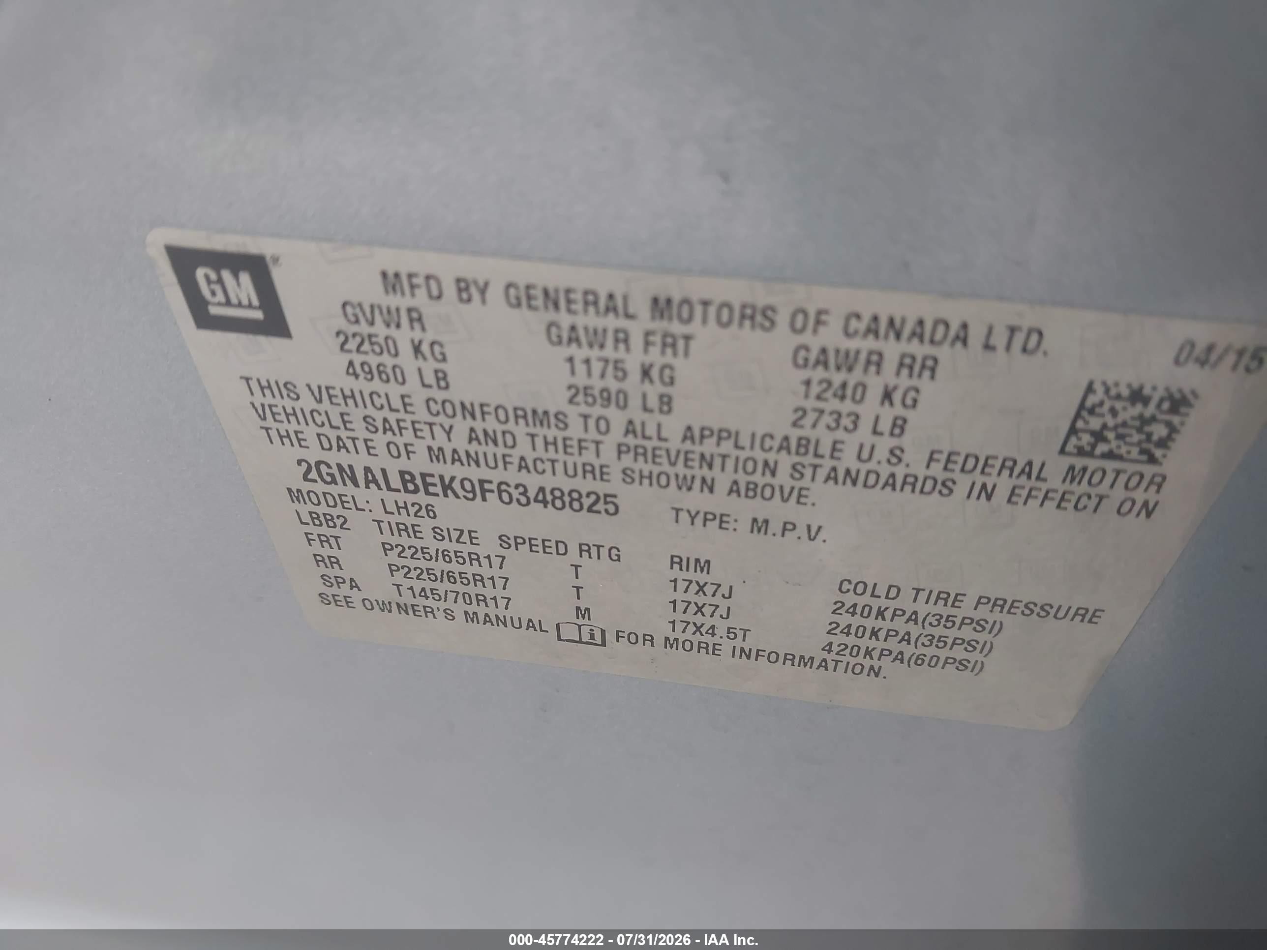 2015 Chevrolet Equinox Lt Blue vin: 2GNALBEK9F6348825