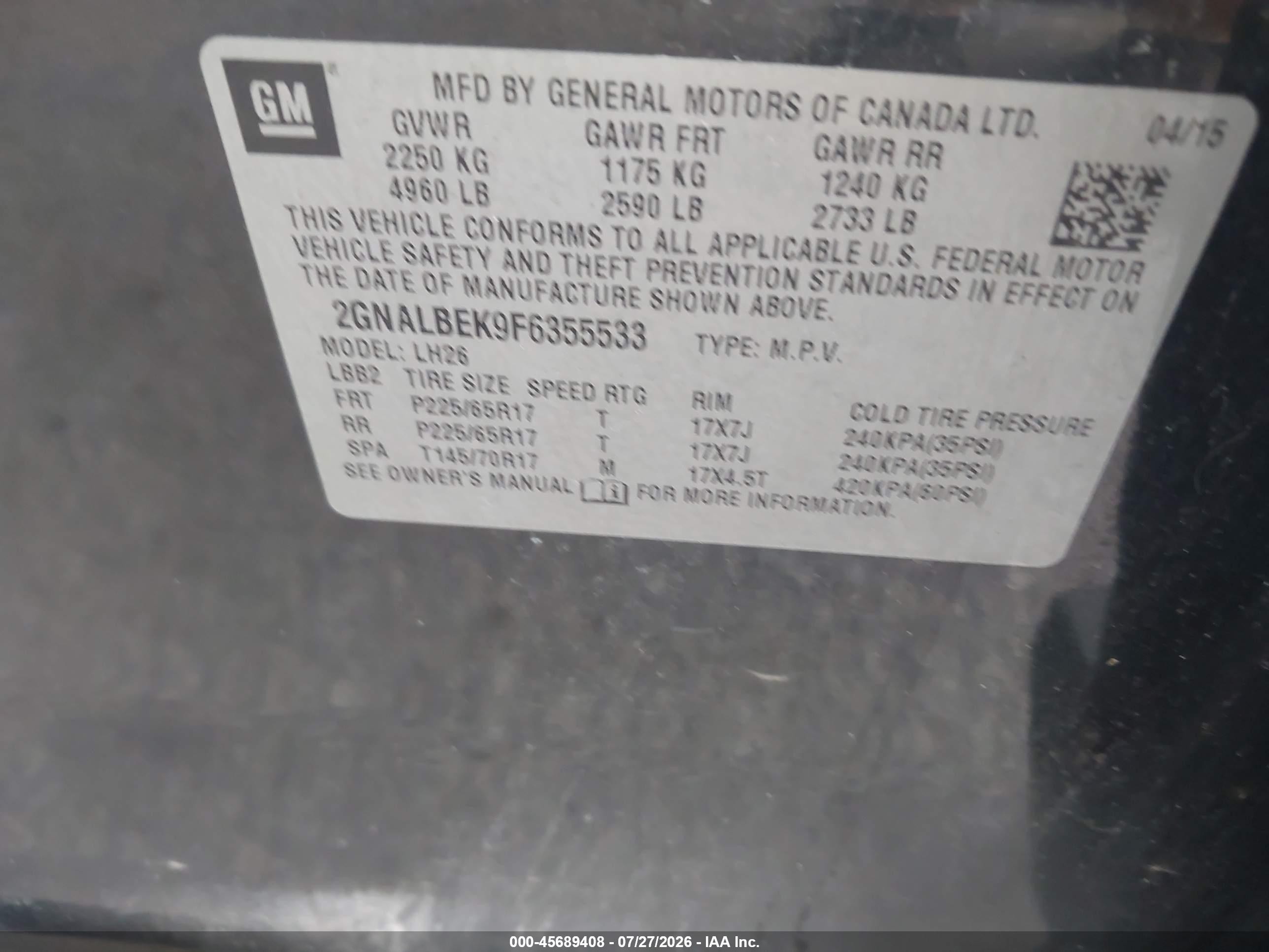 2015 Chevrolet Equinox Lt Black vin: 2GNALBEK9F6355533