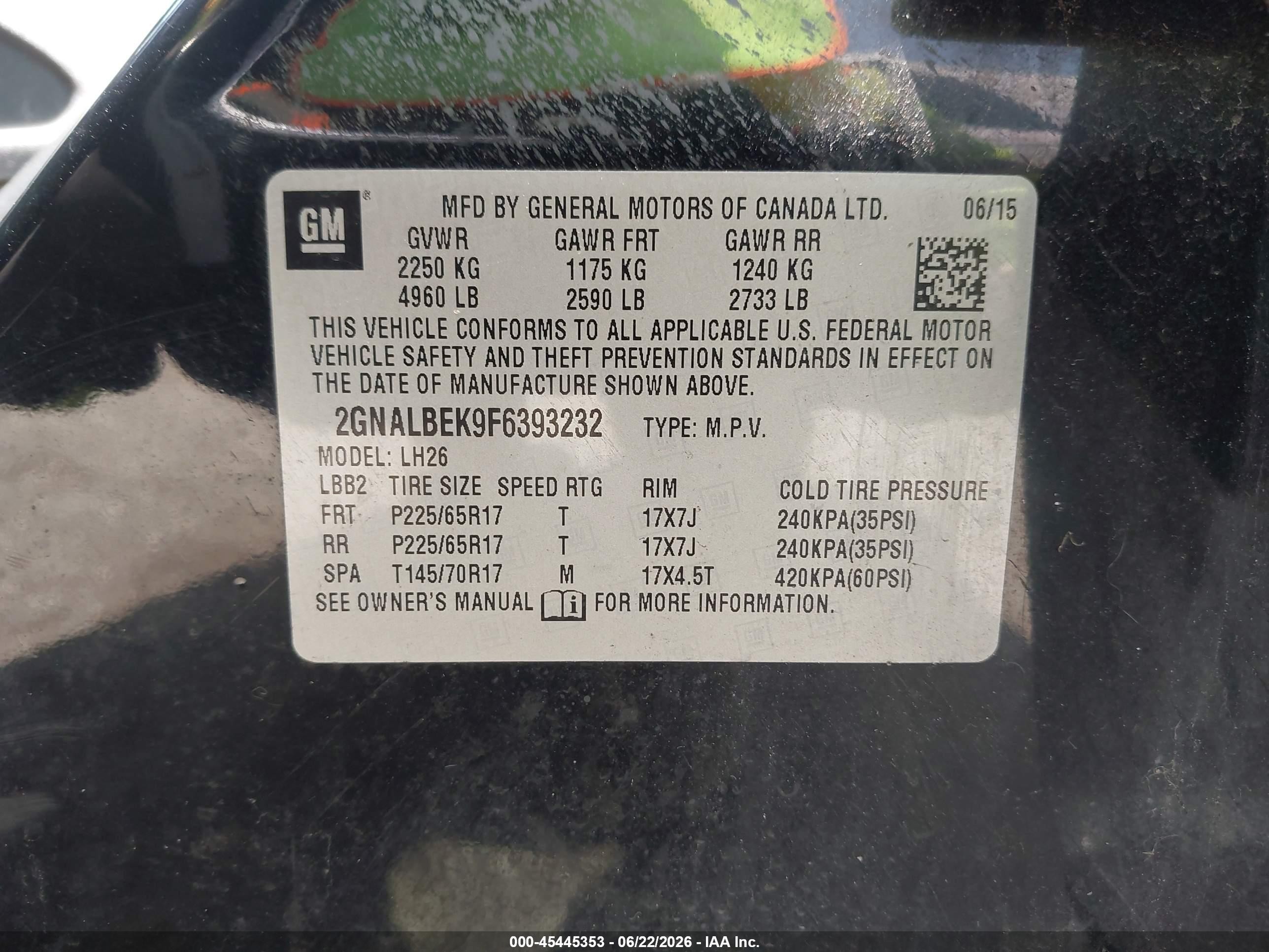 2015 Chevrolet Equinox Lt Black vin: 2GNALBEK9F6393232