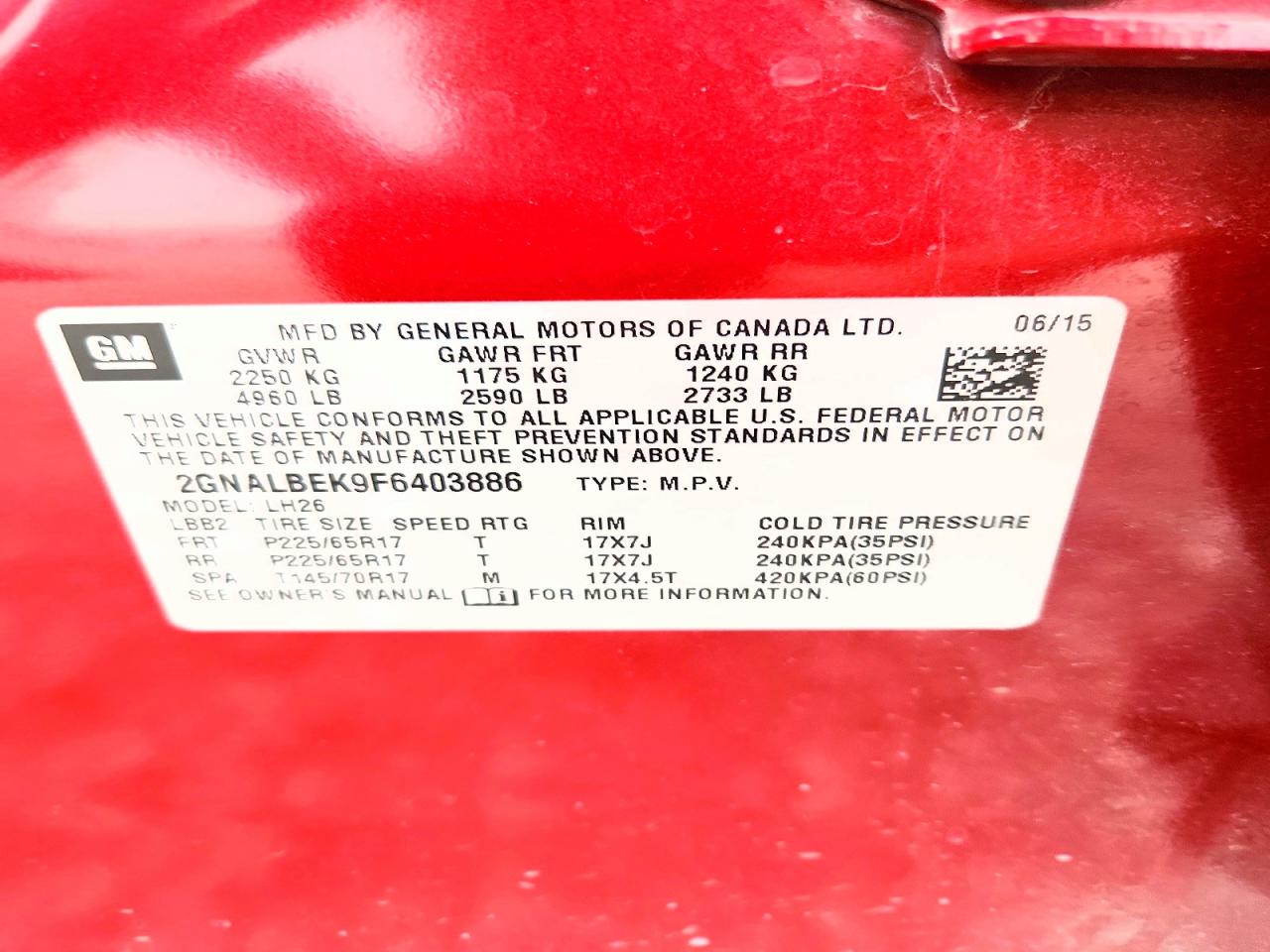 2015 Chevrolet Equinox Lt Burgundy vin: 2GNALBEK9F6403886