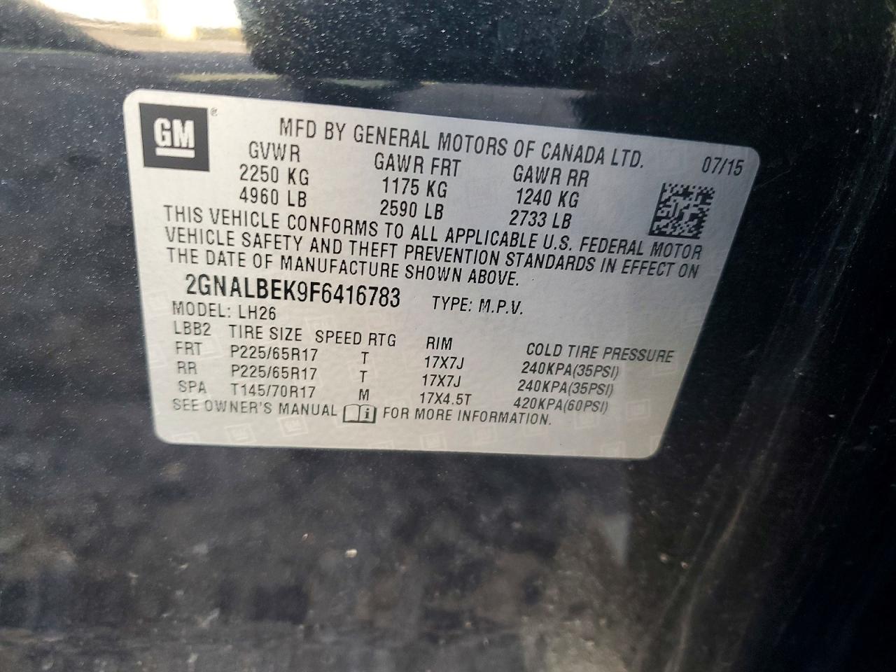 2015 Chevrolet Equinox Lt Black vin: 2GNALBEK9F6416783