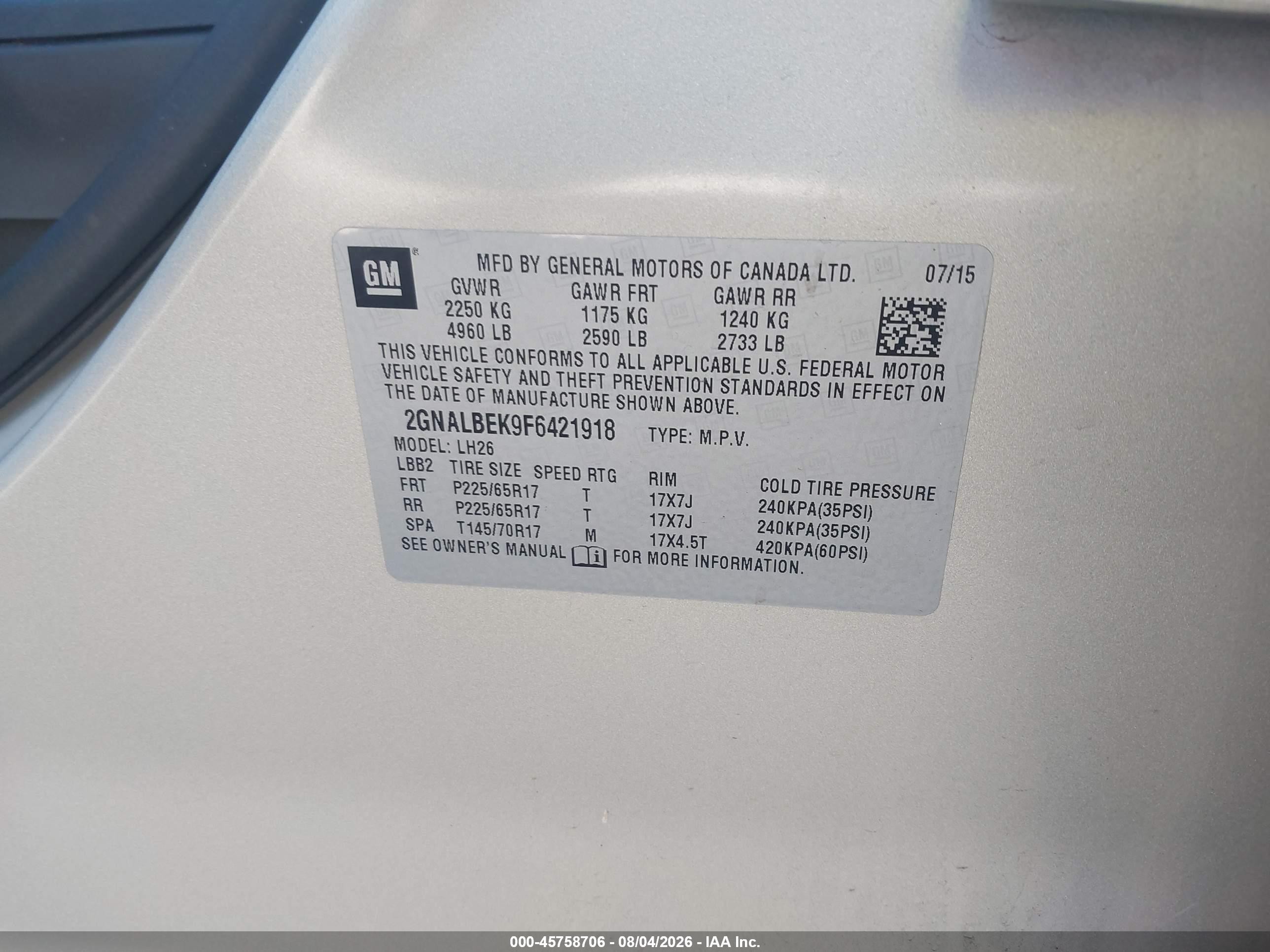 2015 Chevrolet Equinox Lt Cream vin: 2GNALBEK9F6421918