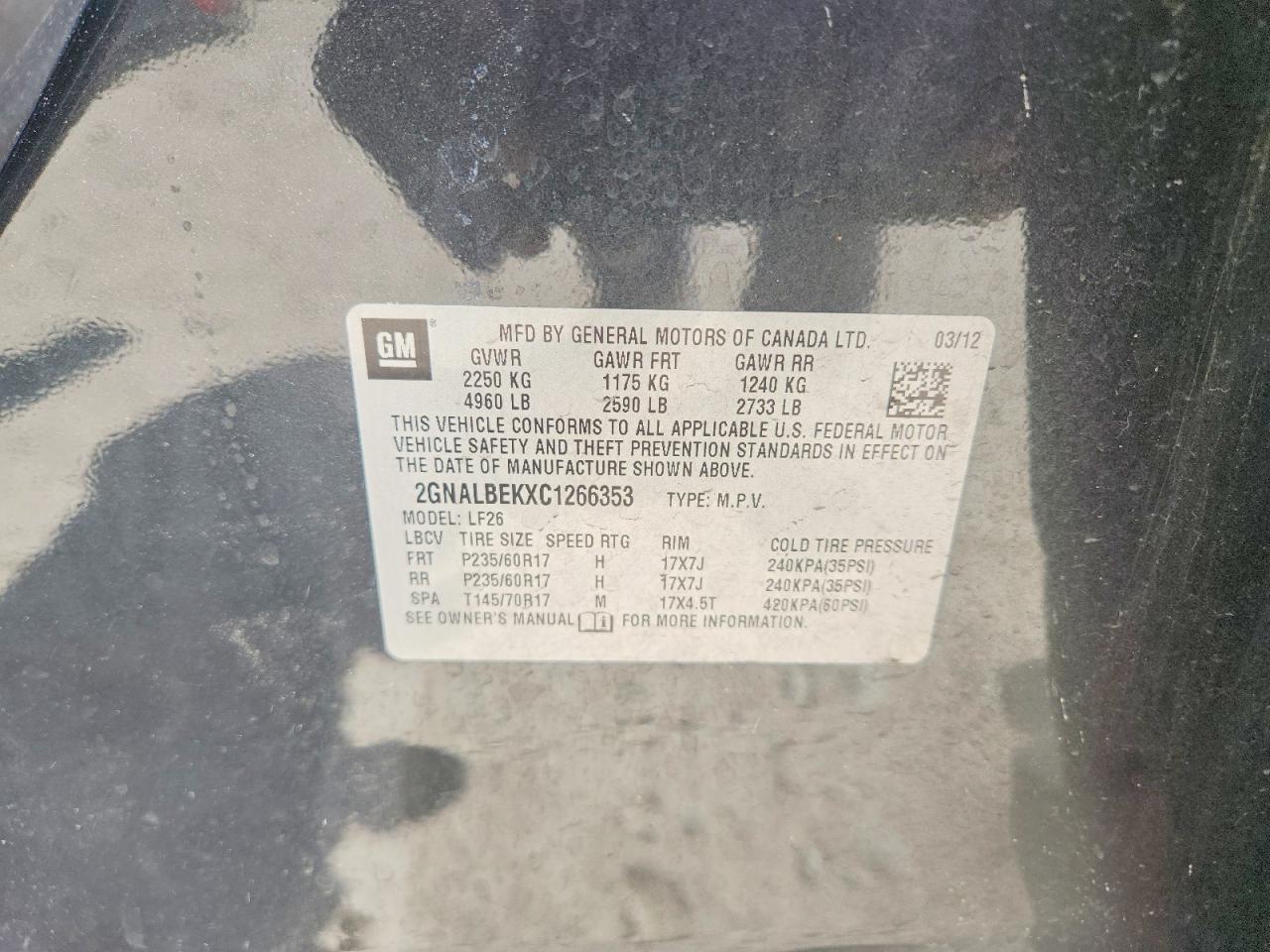 2012 Chevrolet Equinox Ls Угольный vin: 2GNALBEKXC1266353