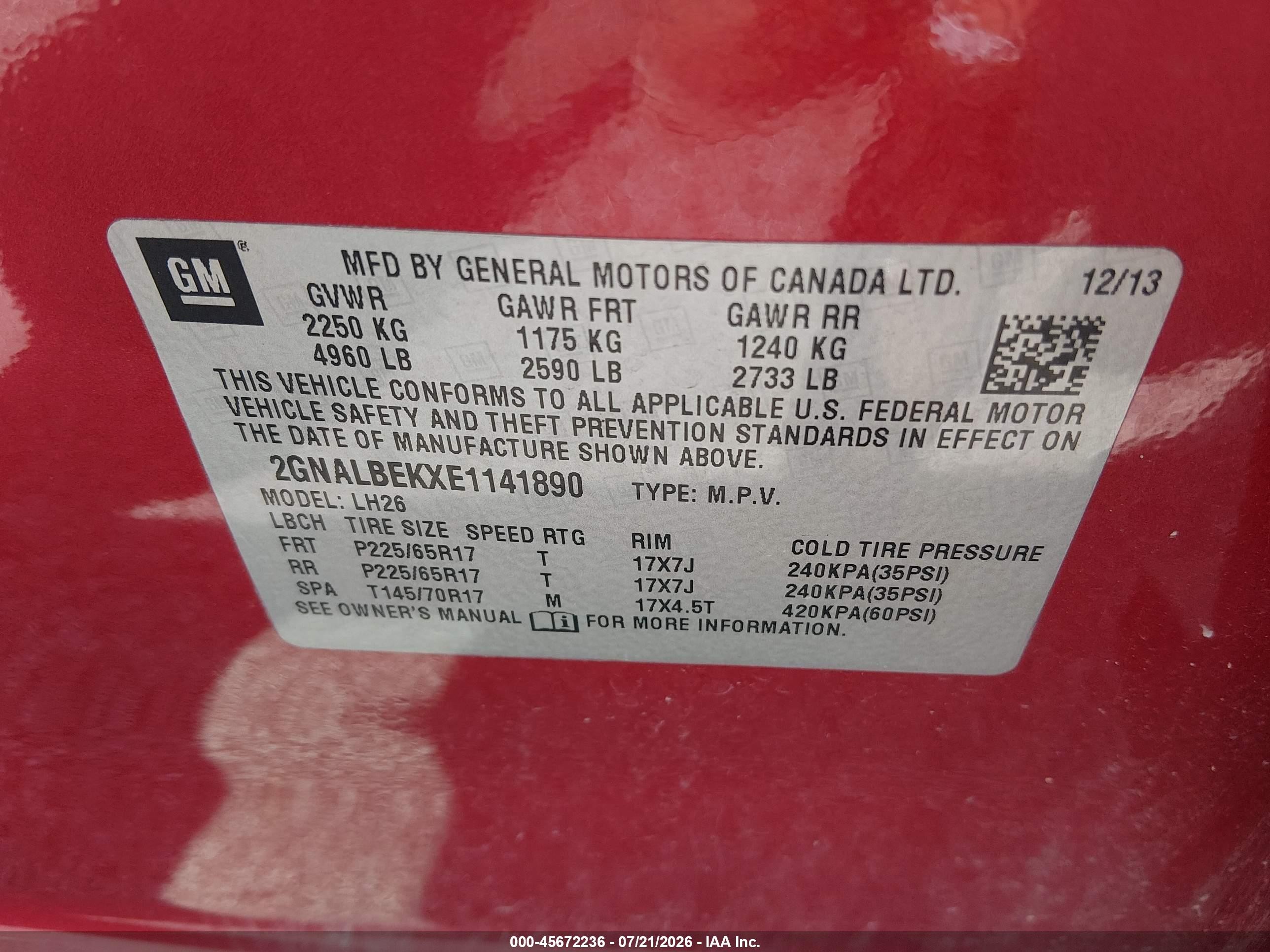 2014 Chevrolet Equinox Lt Red vin: 2GNALBEKXE1141890