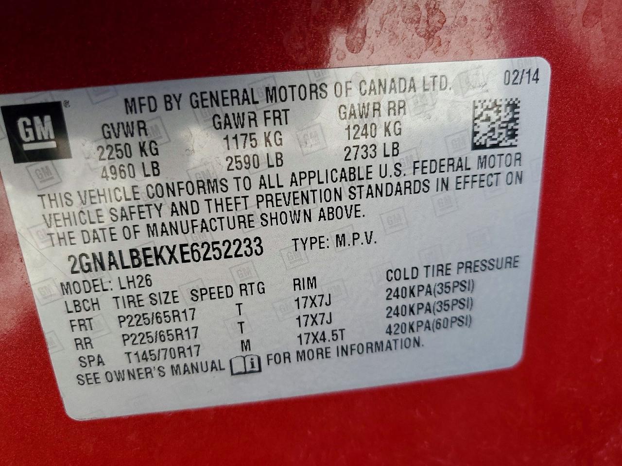 2014 Chevrolet Equinox Lt Red vin: 2GNALBEKXE6252233